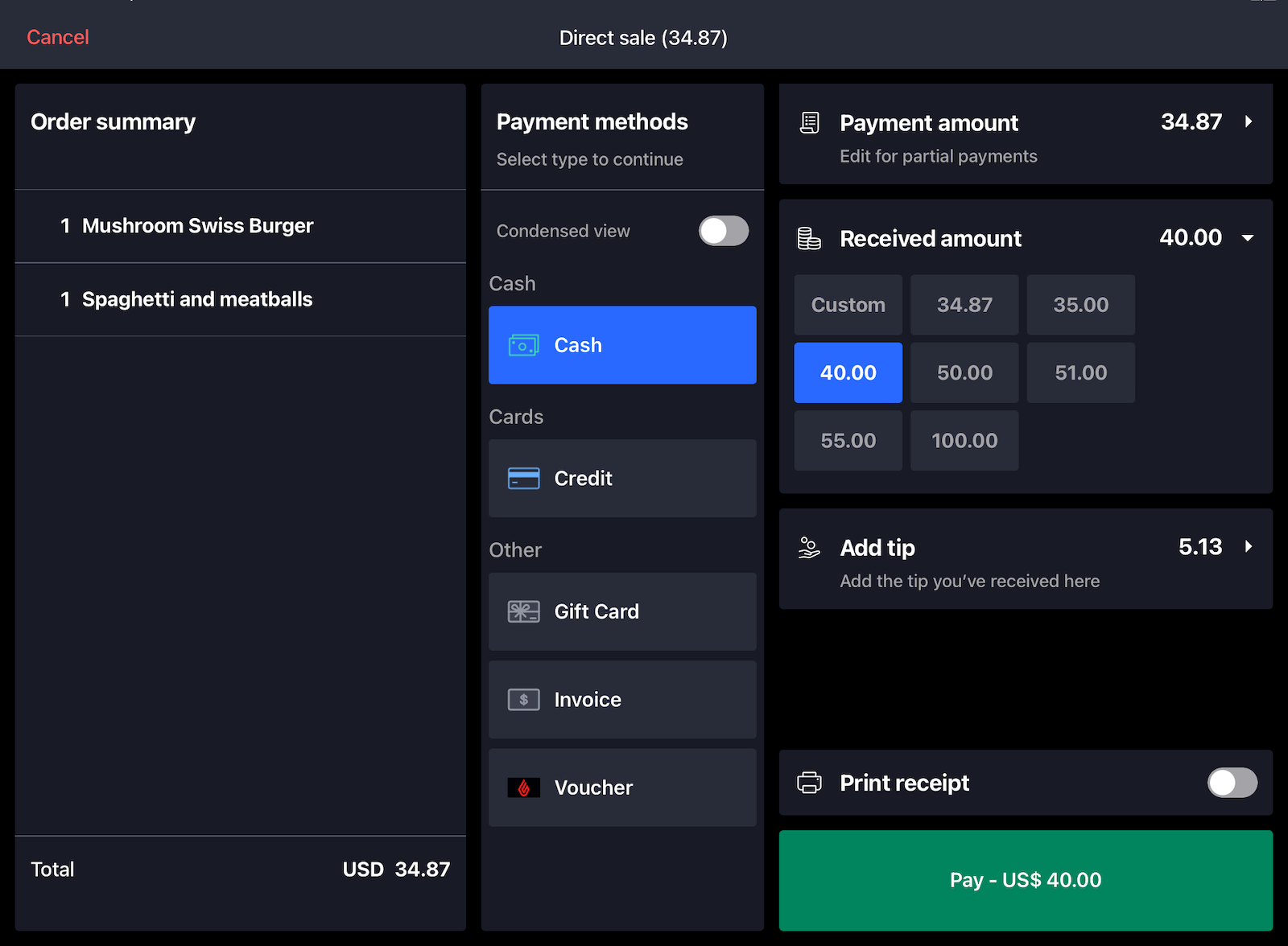 The Payment screen with a sample cash order payment and tip