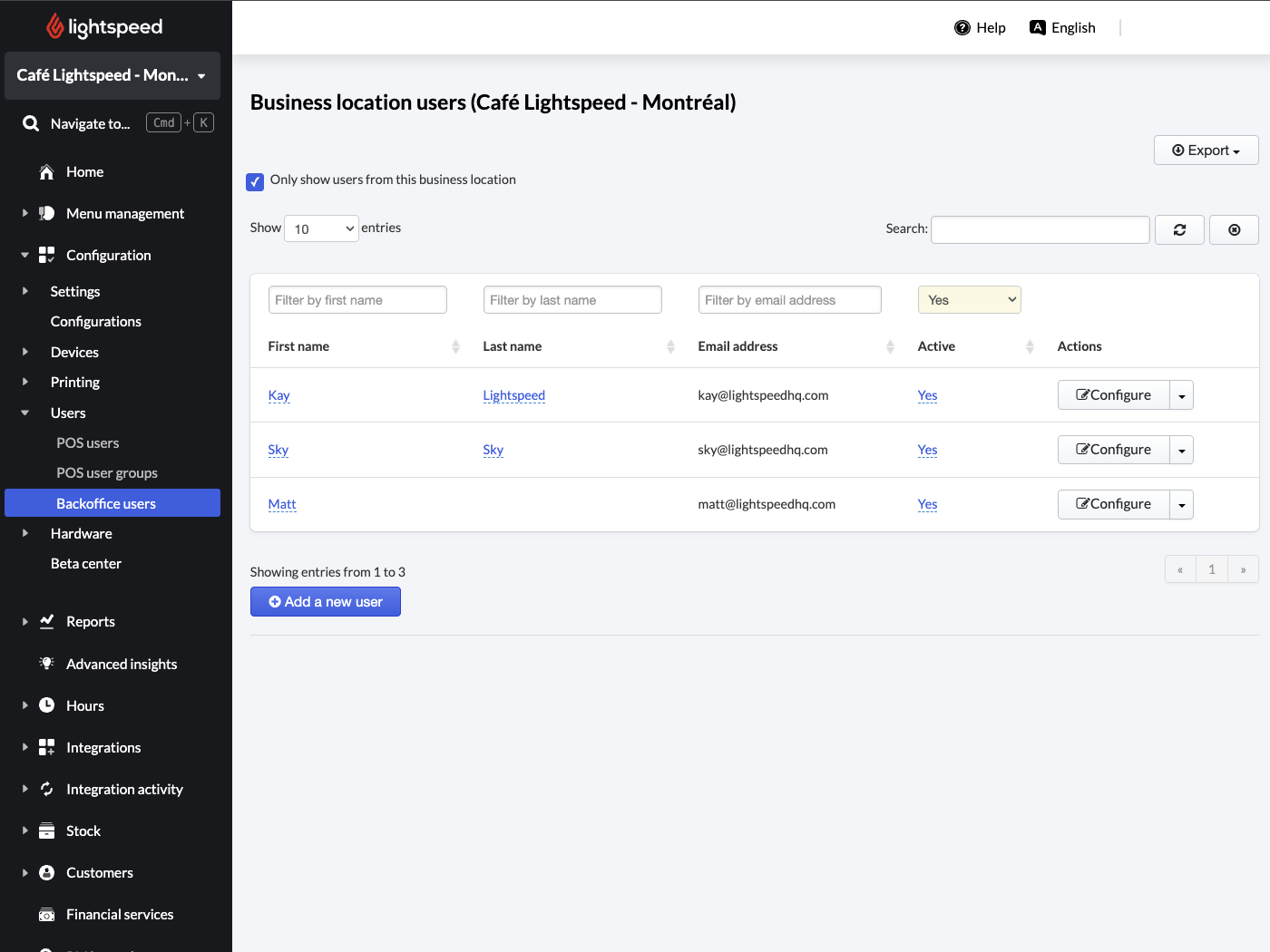 Liste der Backoffice-Benutzer