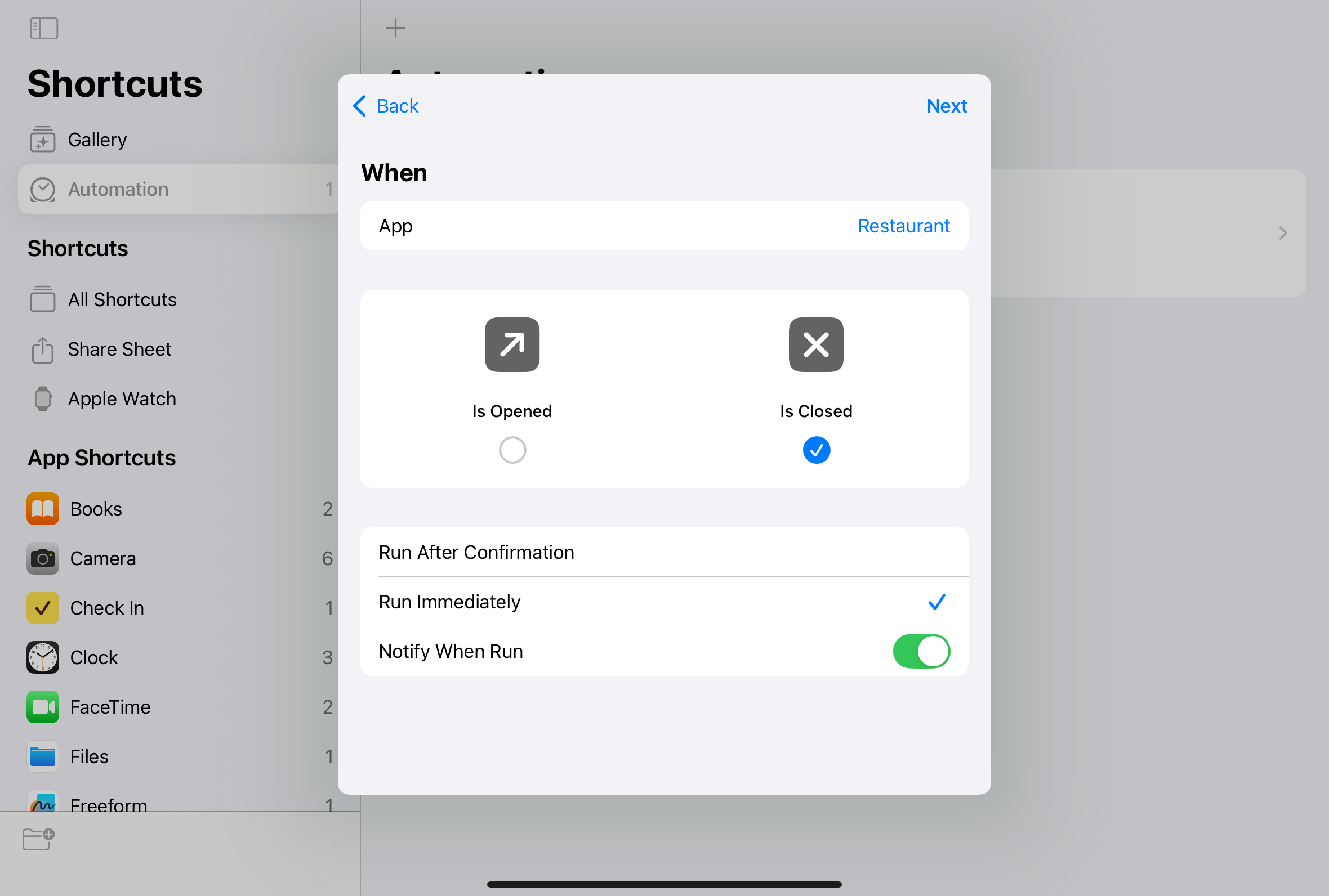The automation settings enabled