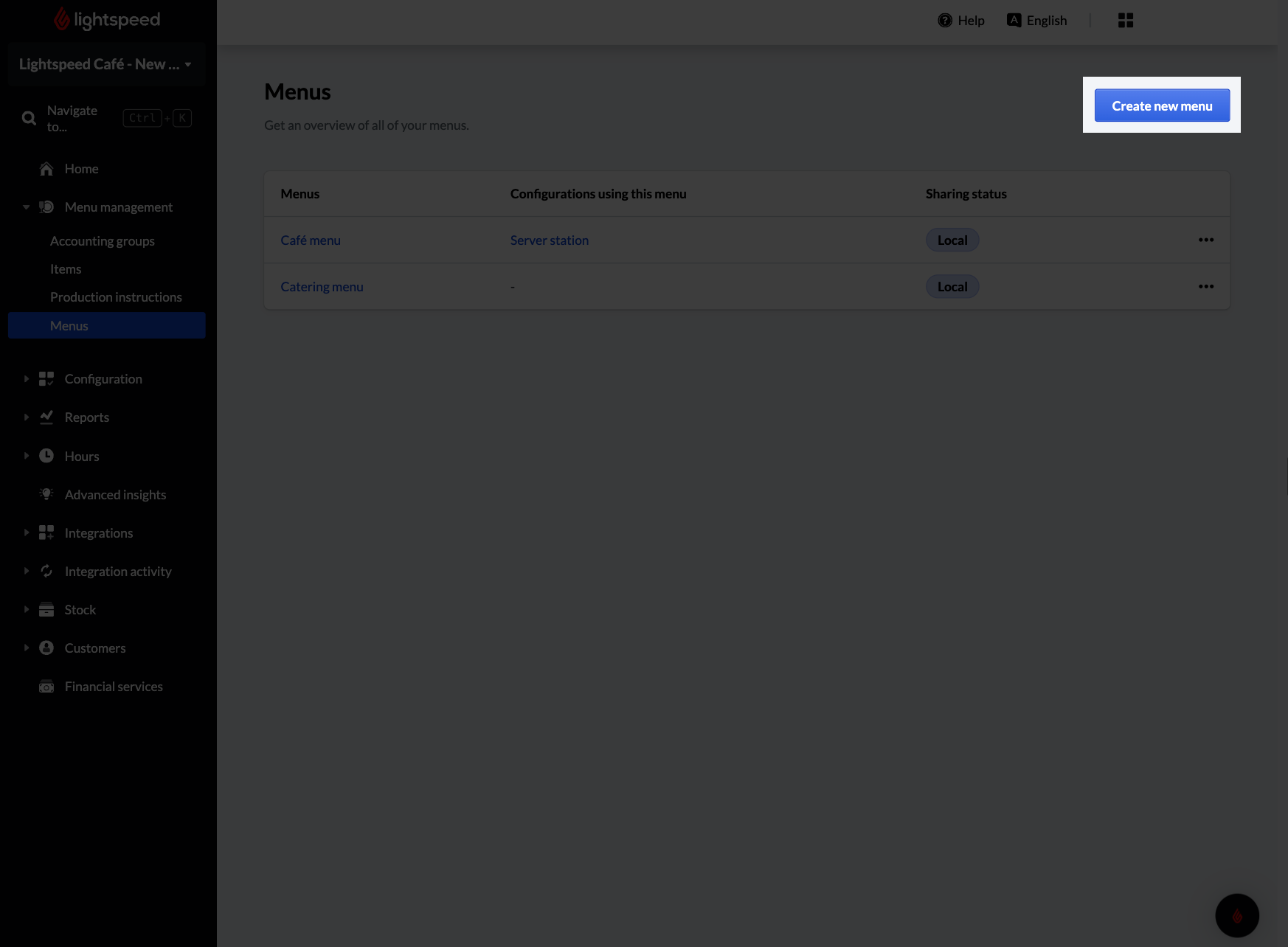 Menu screen with the Create new menu button higlighted
