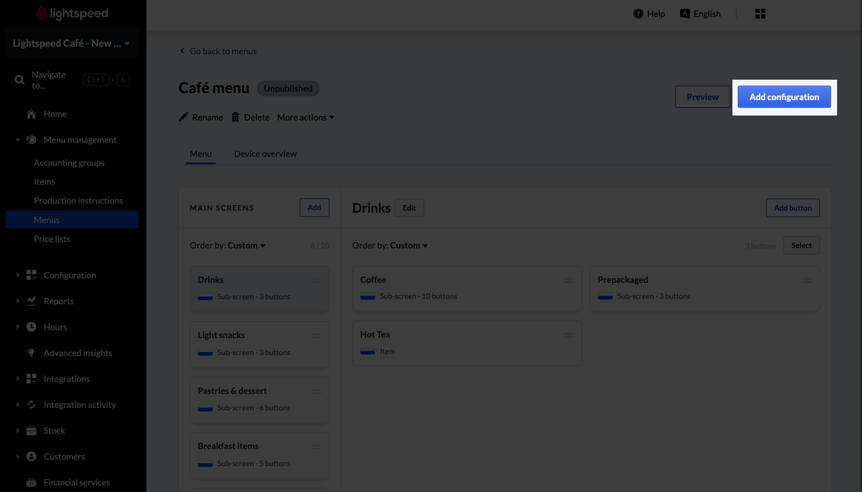 Menu screen with the Add configuration button highlighted