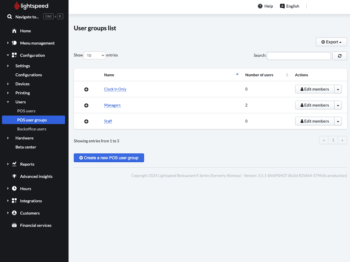L’image présente la page d’accueil pour la modification des groupes d’utilisateurs dans l'arrière-boutique.