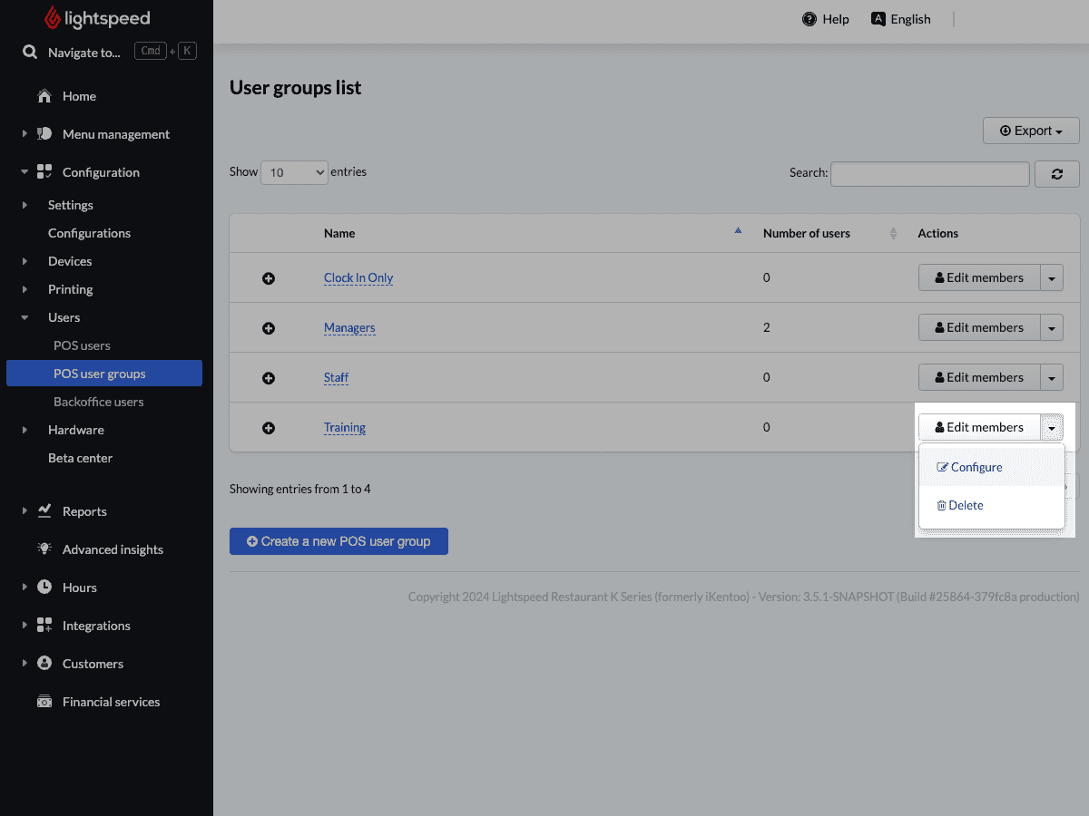 L’image affiche la page de modification des groupes d’utilisateurs dans l'arrière-boutique. La ligne inférieure, intitulée Formation, comporte un menu déroulant sélectionné et mis en évidence, avec trois options visibles intitulées Modifier les membres, Configurer et Supprimer.