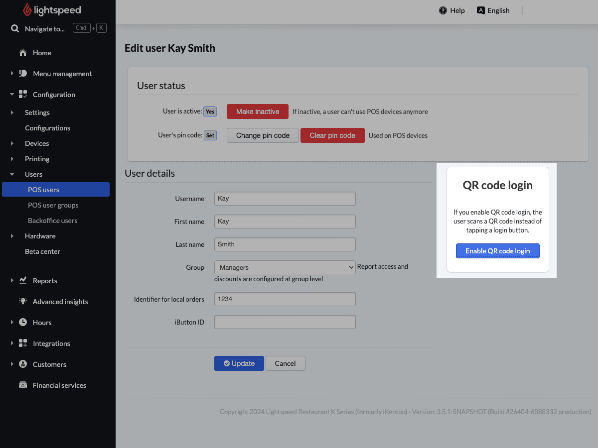 L’image montre la page de modification des données de l’utilisateur de l'arrière-boutique Lightspeed. La section Activer login par code QR est mise en évidence.