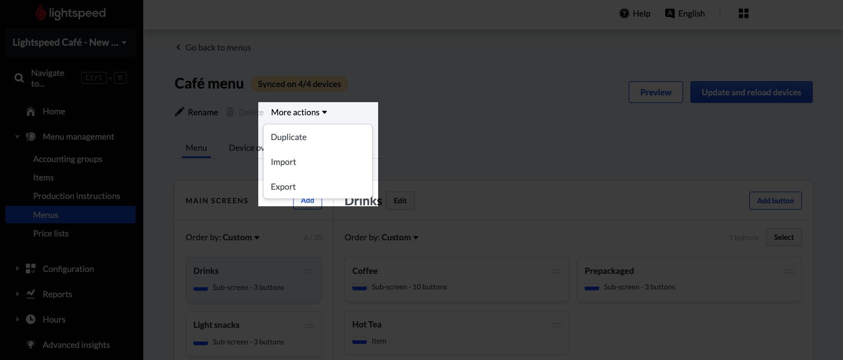 Plus d’actions sur l’écran de menu