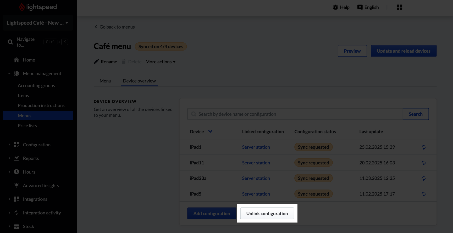 Menu with unlink configuration highlighted