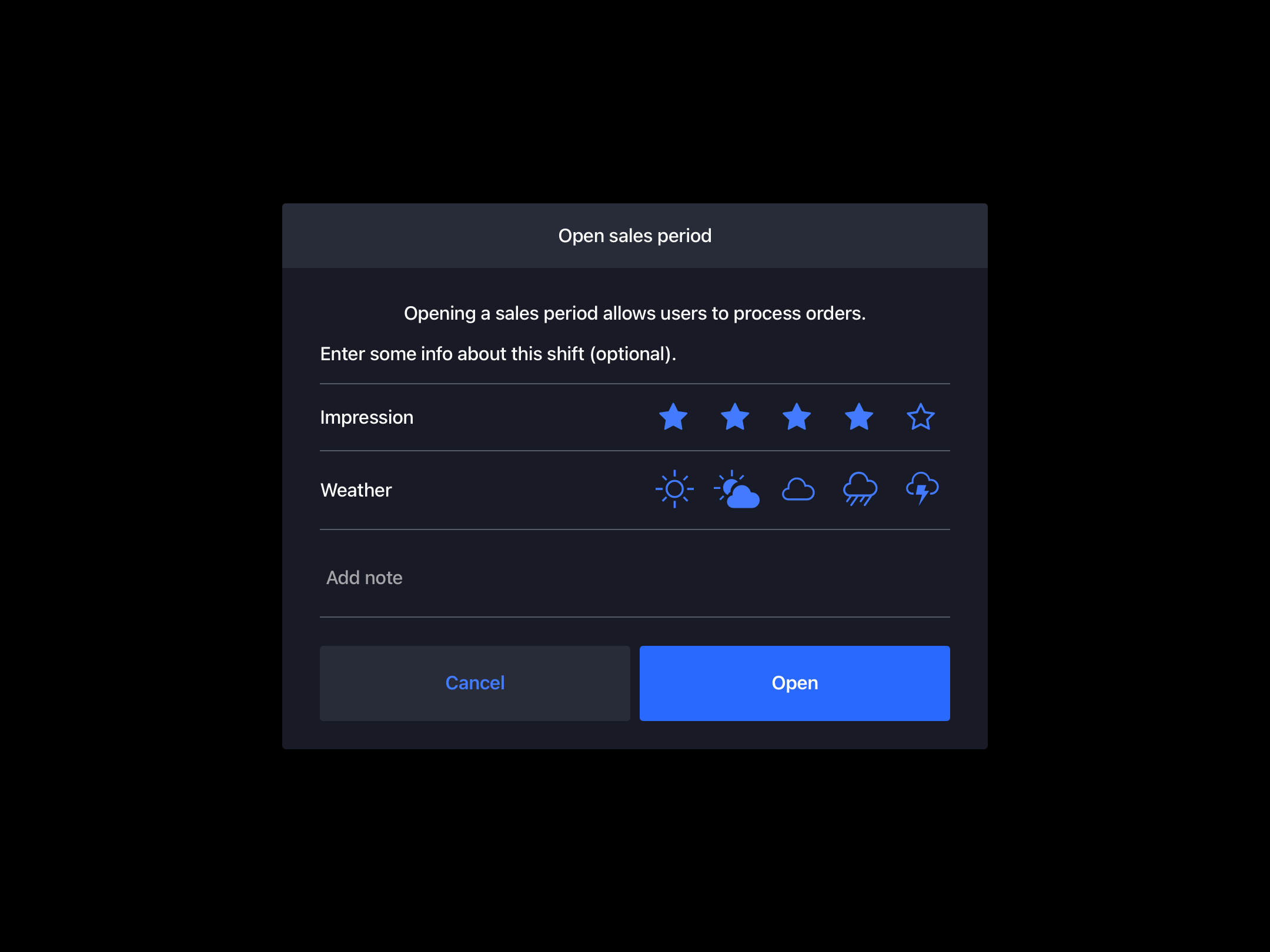 Écran d’impression du service où les utilisateurs peuvent sélectionner la météo et noter leur impression du service.
