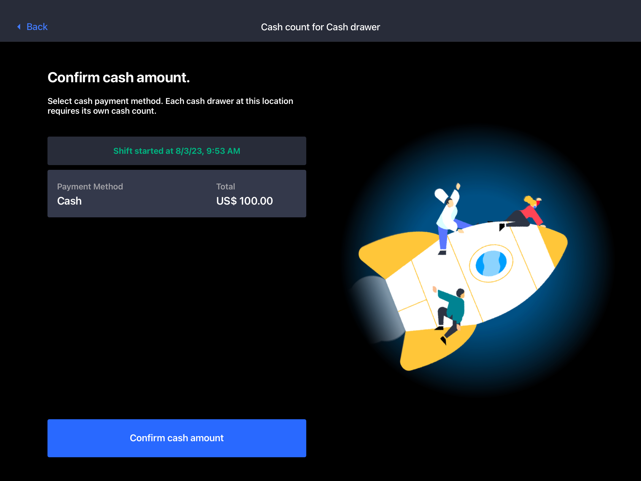 'Confirm cash amount' screen in the POS app