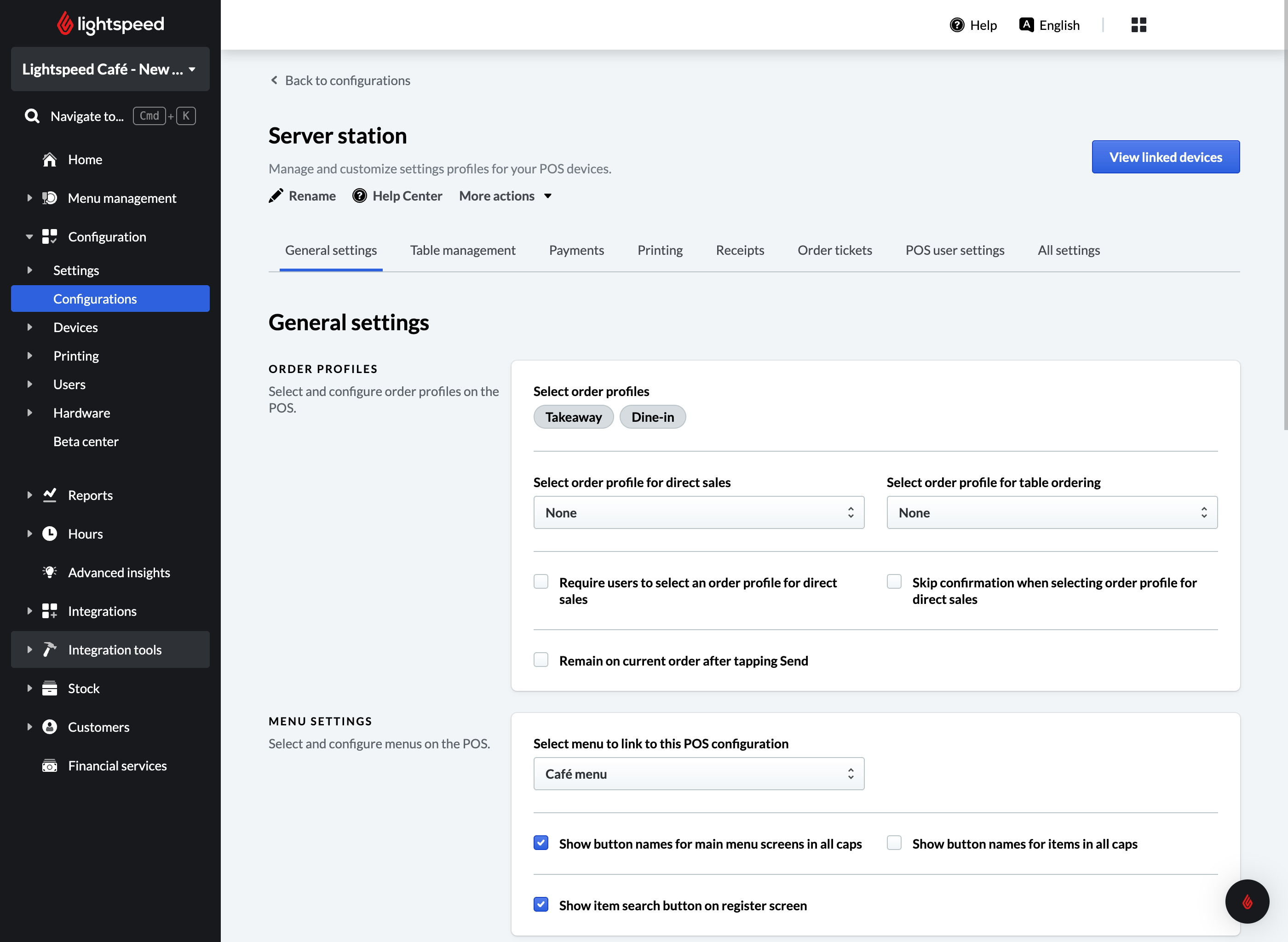 Page Configurations dans l'arrière-boutique de série K