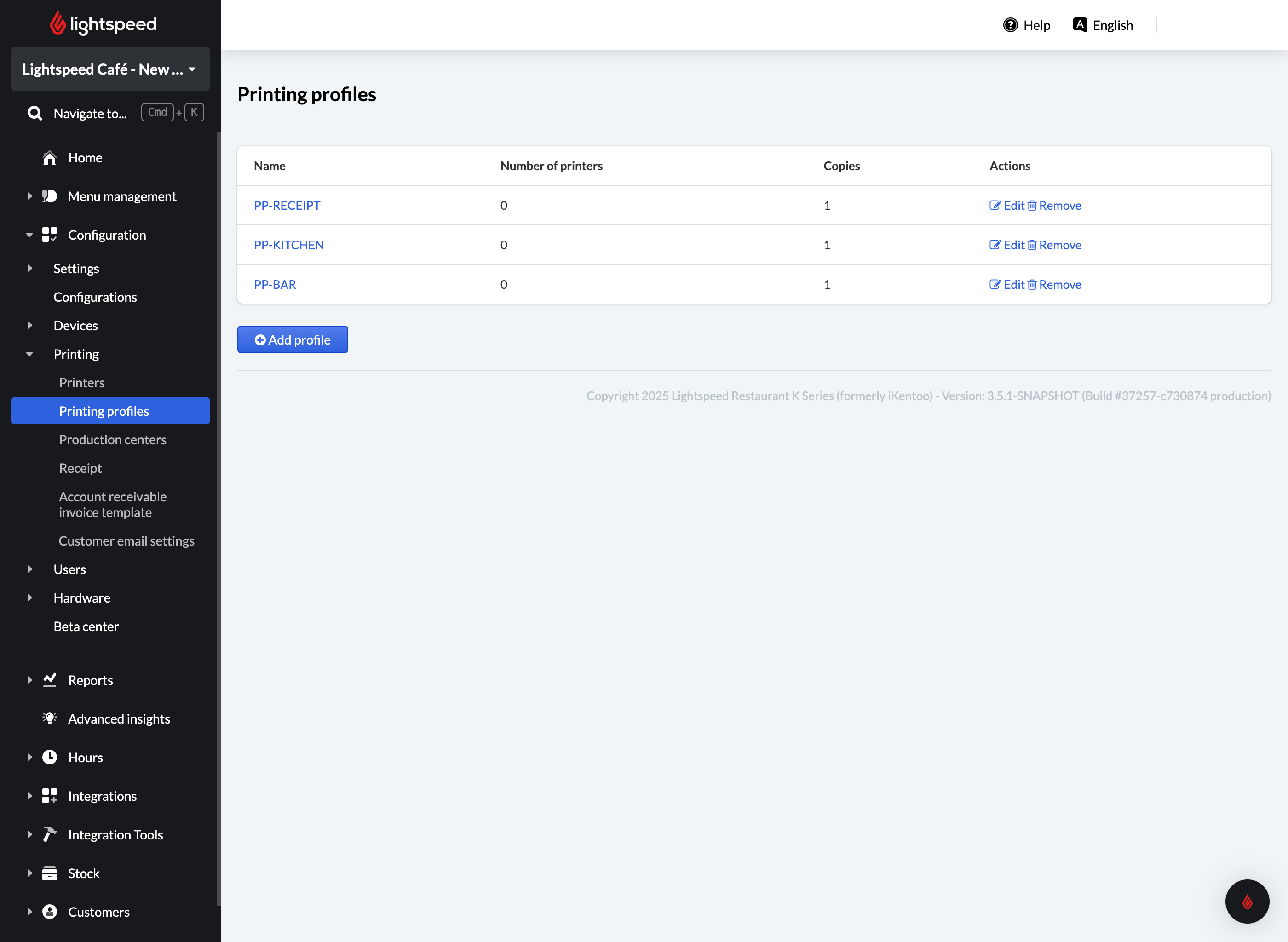 Druckerprofile-Seite im Backoffice