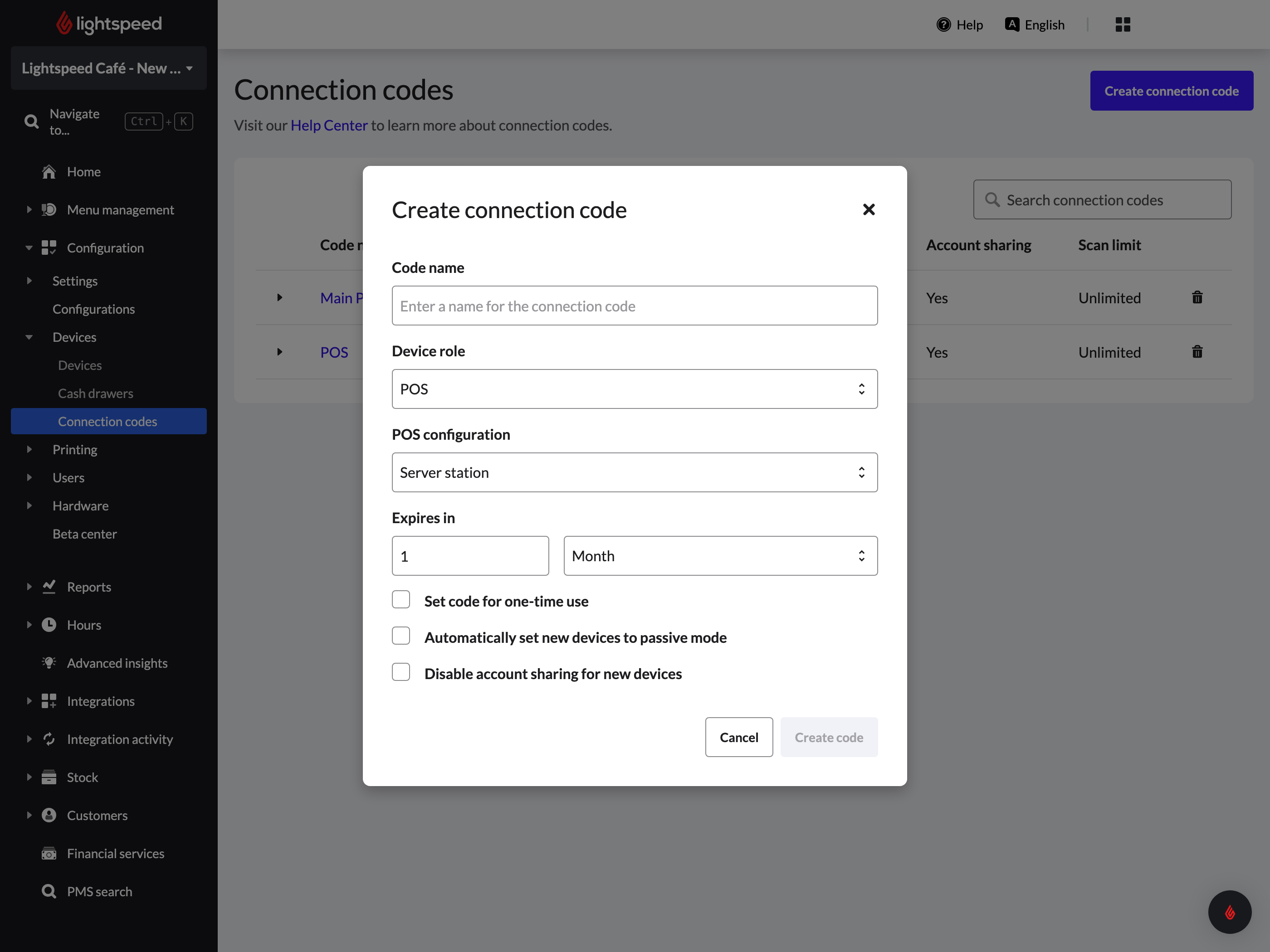 Een pop-upvenster met de instellingen voor de connectiecode.