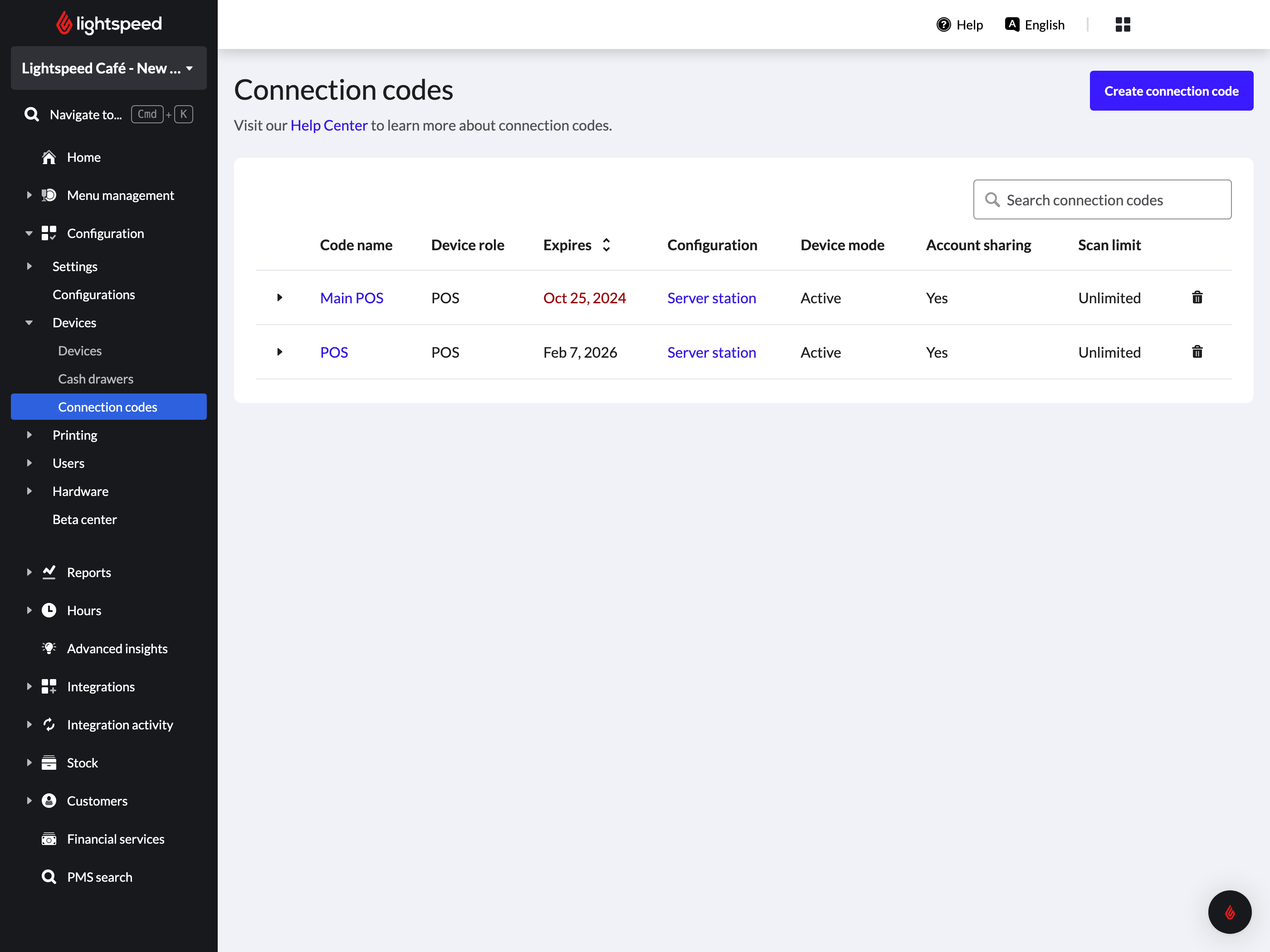 Pagina met connectiecodes in de backoffice.