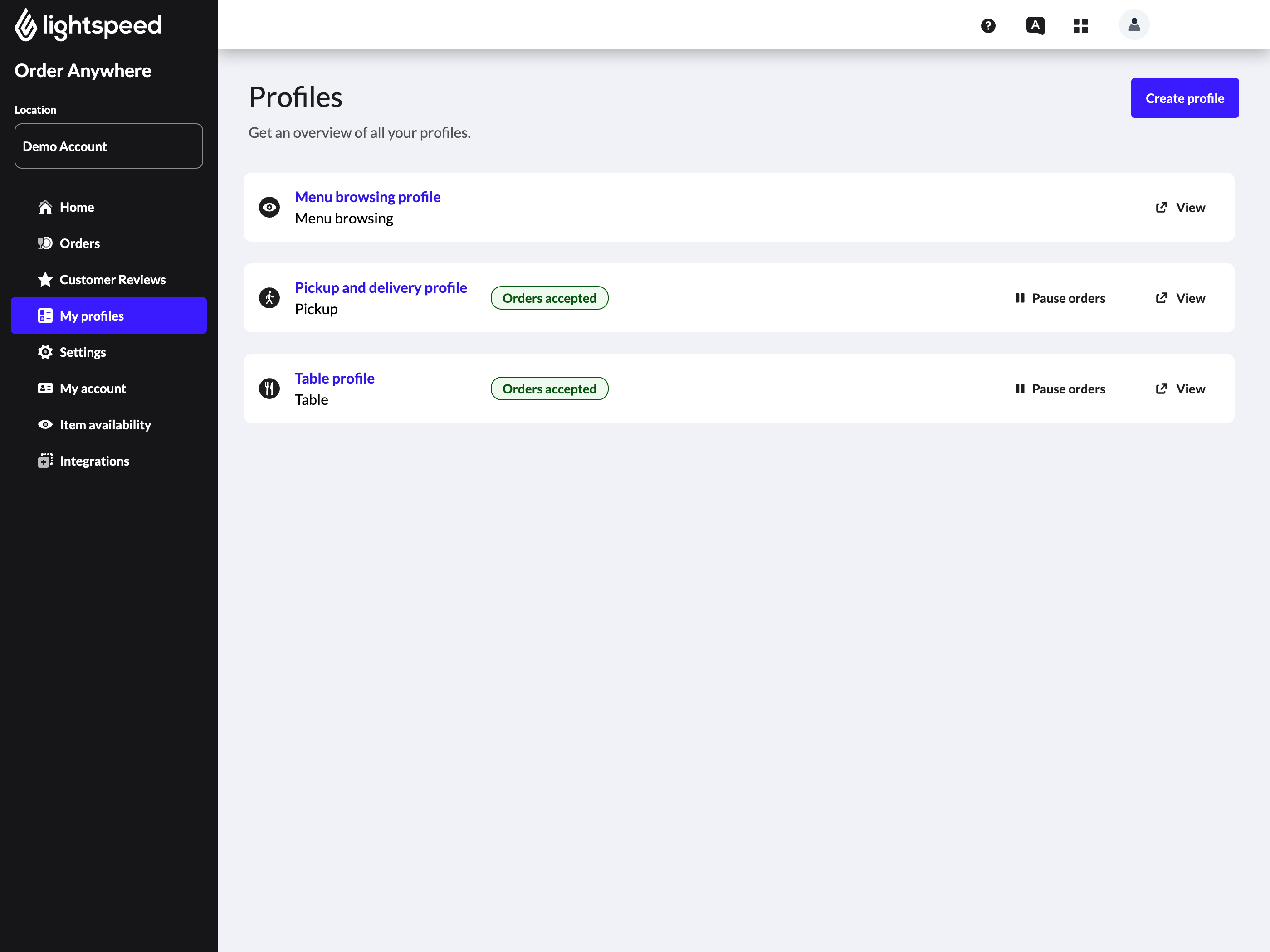 Order Anywhere profiles page