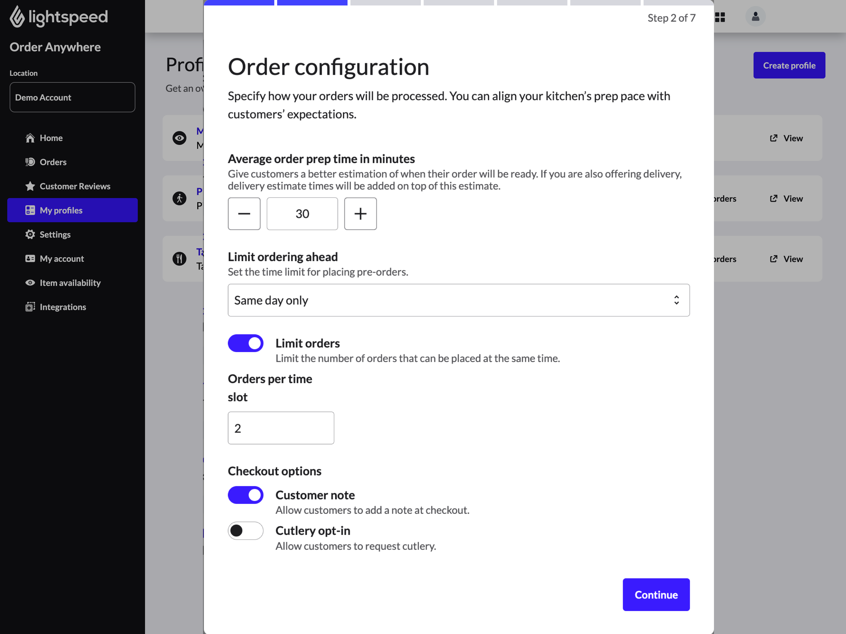The Order configuration pop-up window