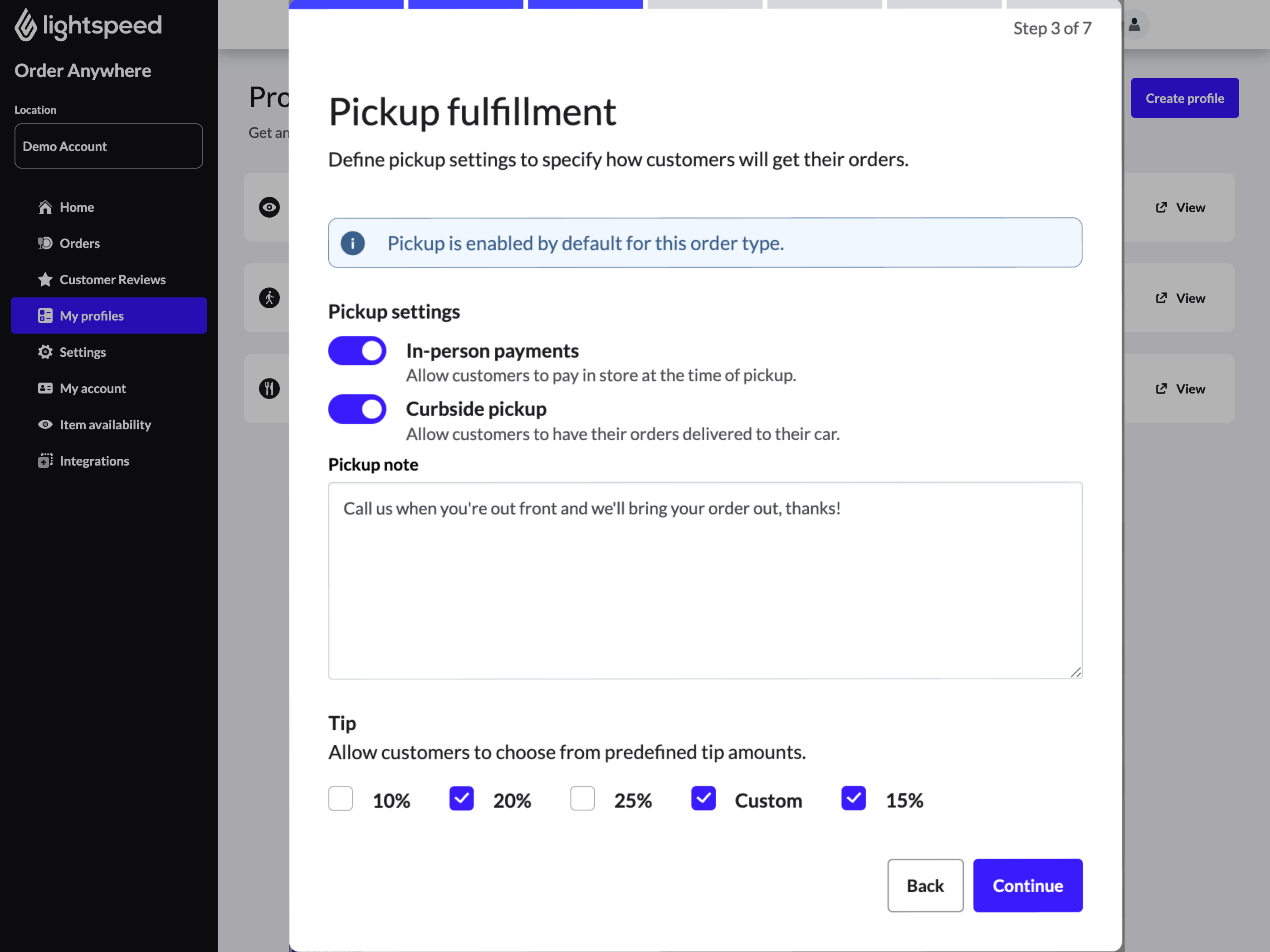 The Pickup fulfillment pop-up window