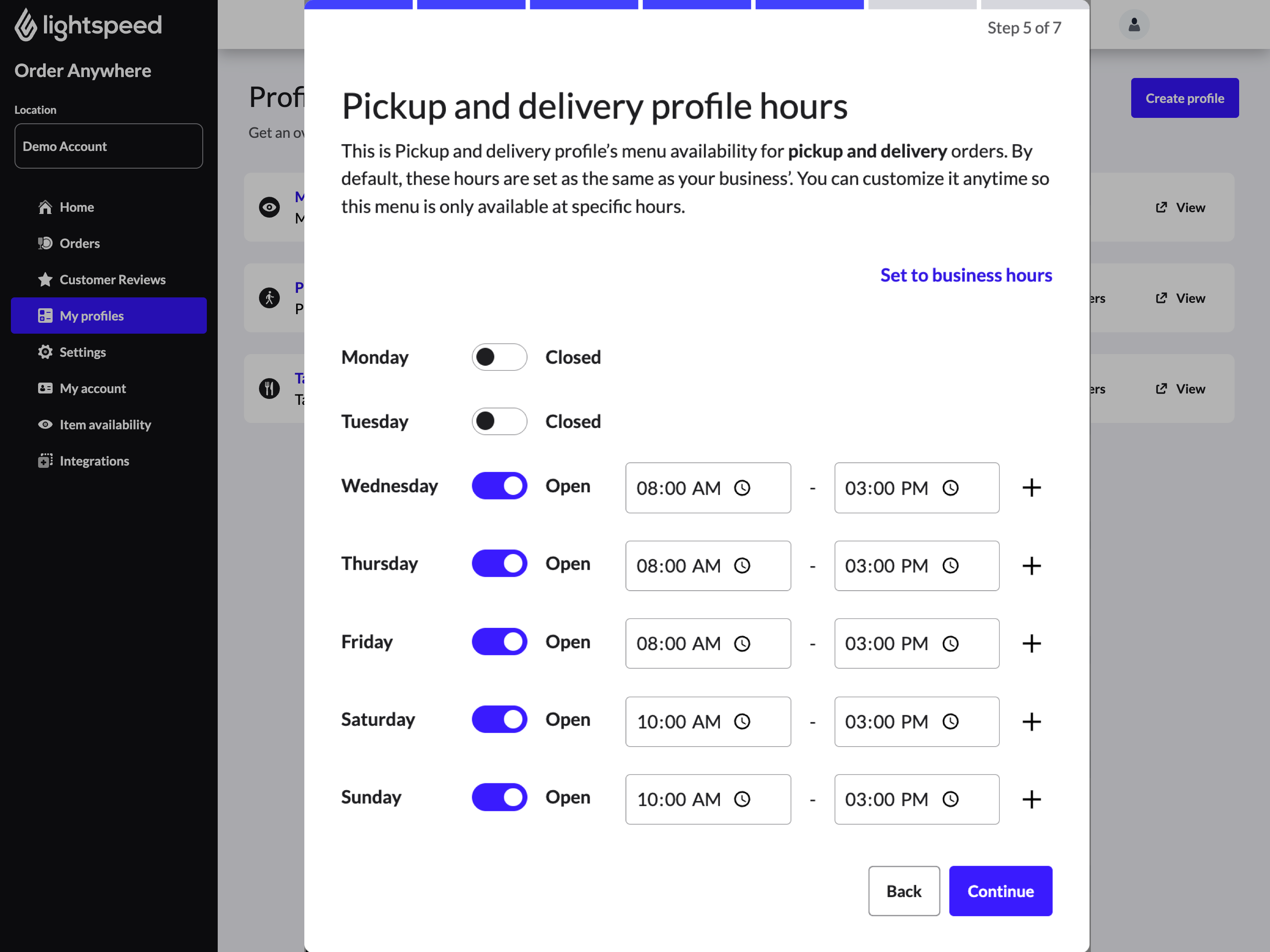The ordering hours pop-up window