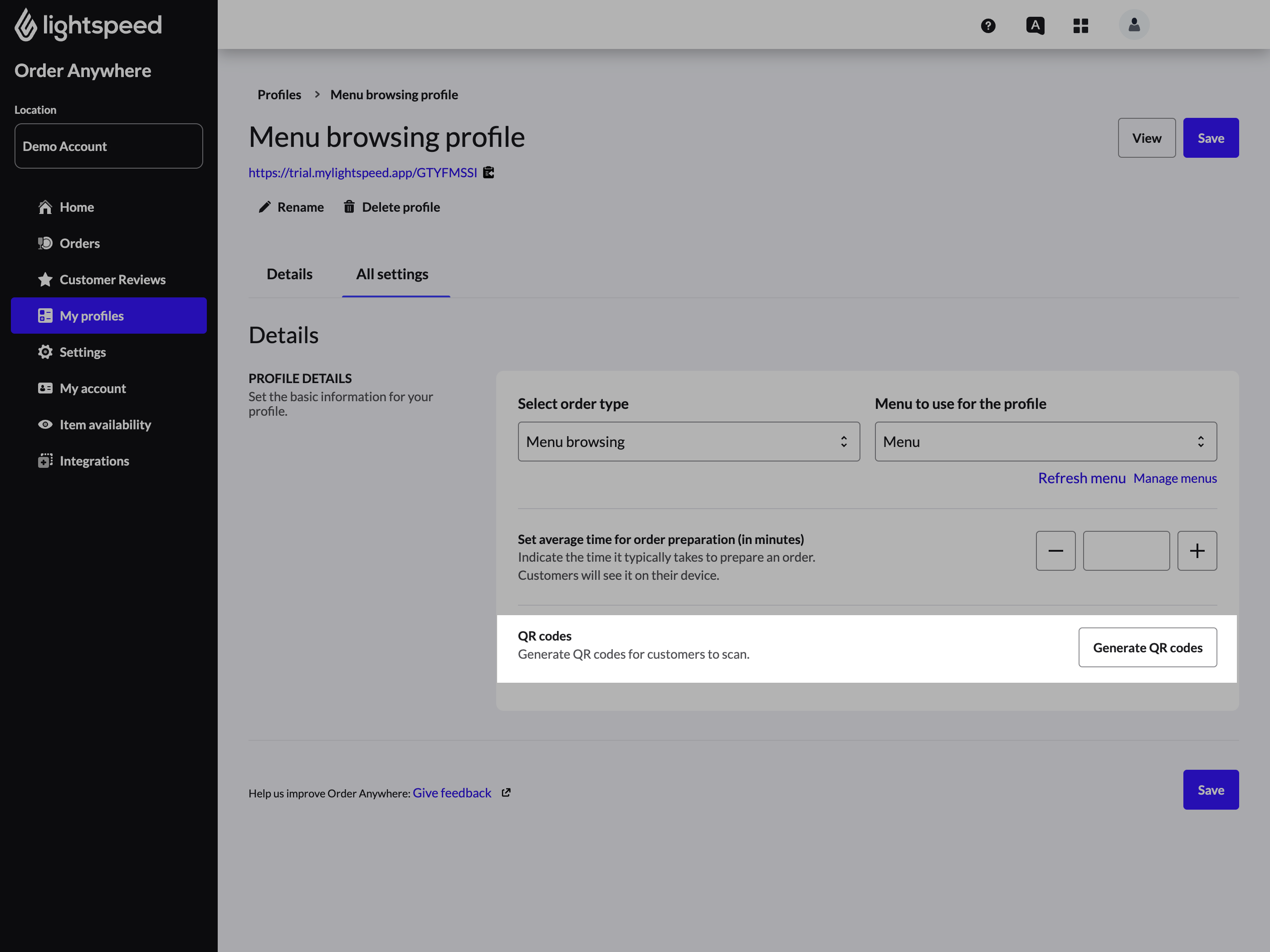 Generate QR codes button is highlighted