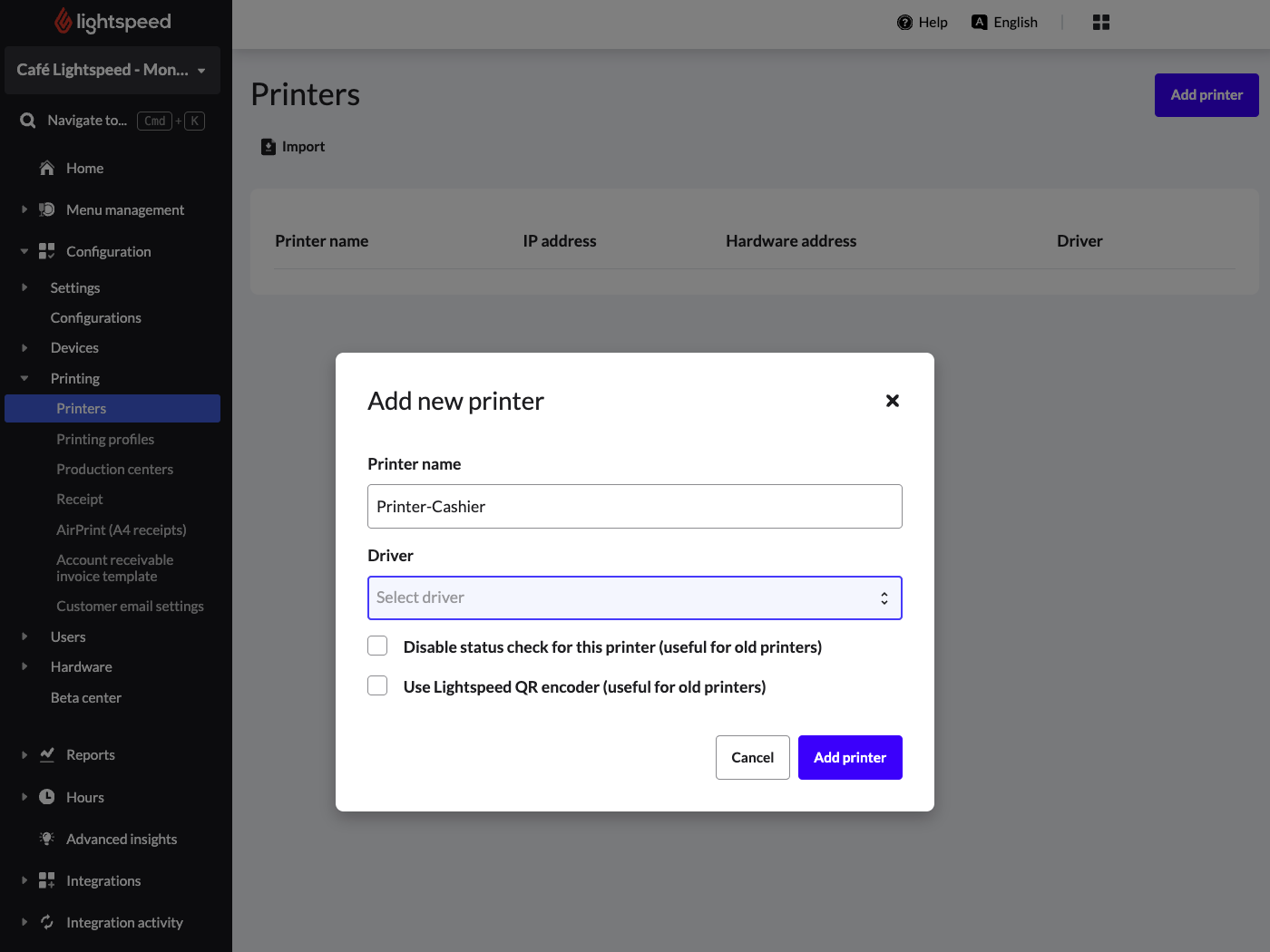 Screenshot van het venster Een nieuwe printer toevoegen in backoffice