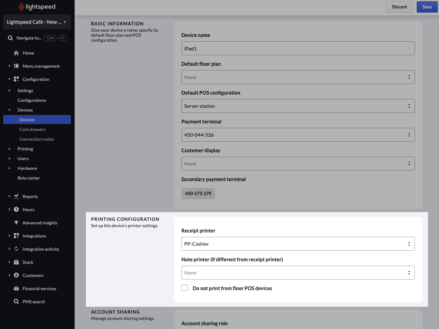 De pagina met apparaatgegevens in de Lightspeed-backoffice.