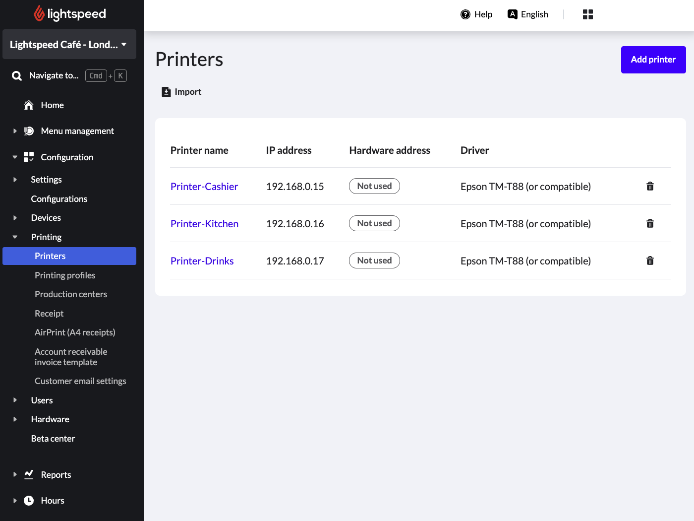 Page de configuration de l’imprimante sur le back-office Lightspeed.