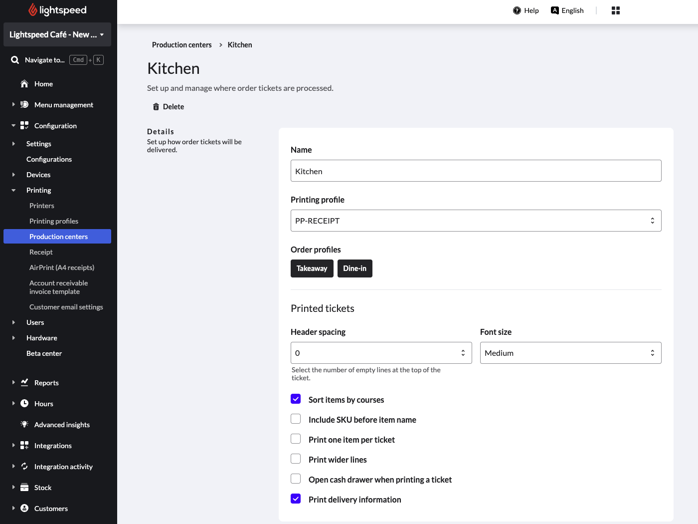 Der Produktionsstellen-Bildschirm im Lightspeed Backoffice.