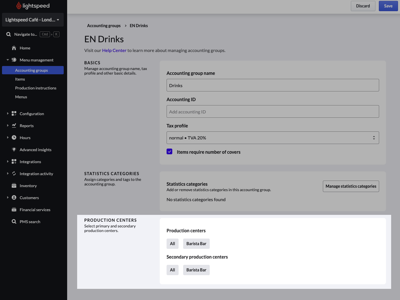 Page de modification des renseignements d’un département dans l’arrière-boutique Lightspeed. La section Centres de production est mise en évidence.