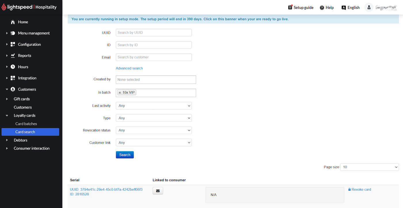 The Card search page in Lightspeed Back Office.