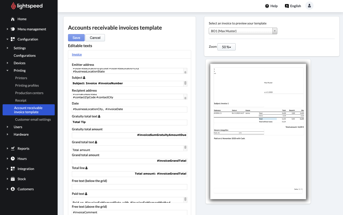 A standard template for invoices in Lightspeed Restuarant. Editable fields and a preview example are visible.
