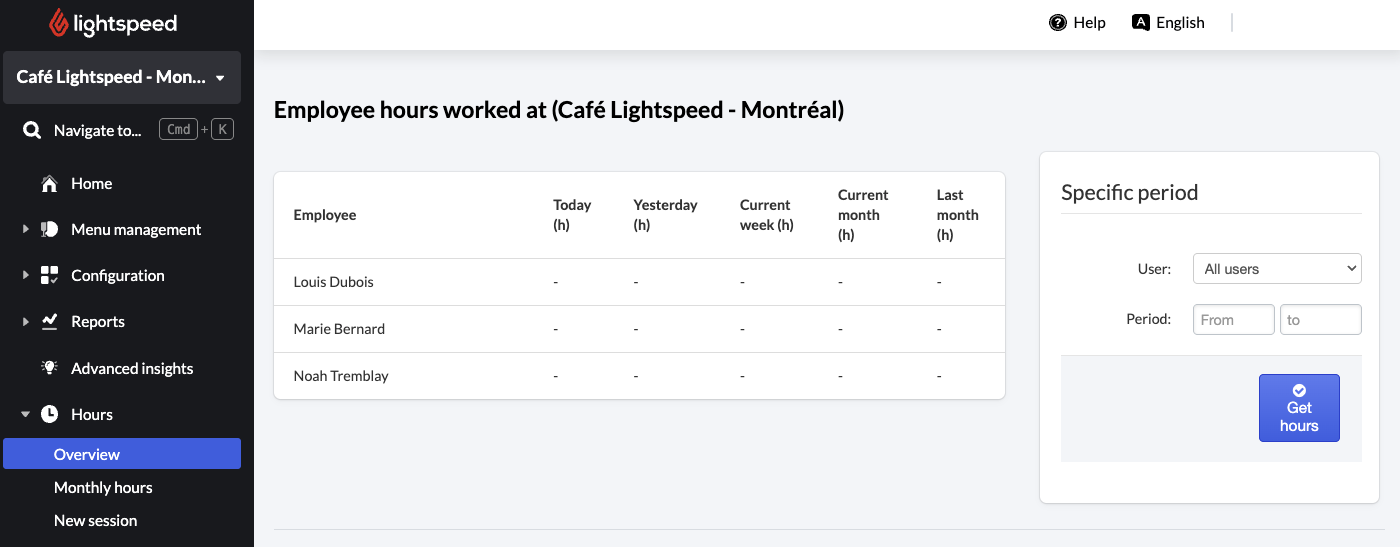 The Hours Overview page in Lightspeed Restaurant.