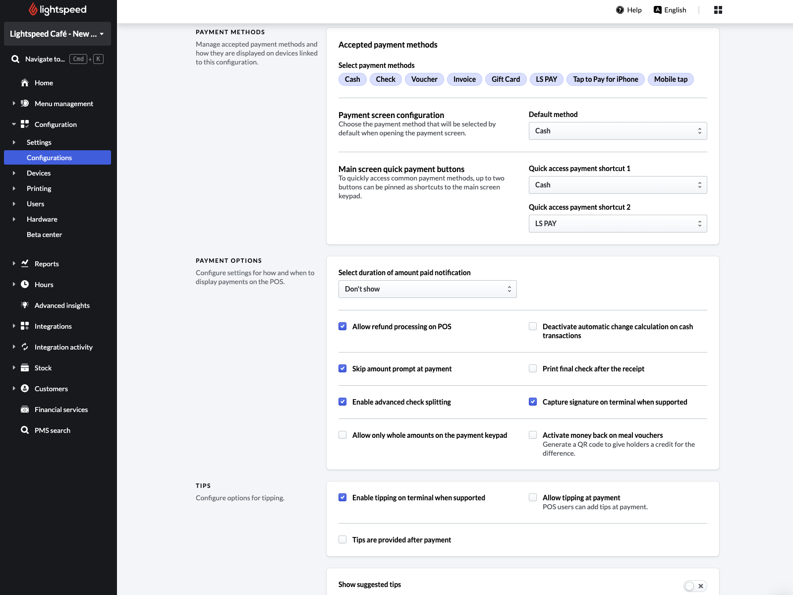 L’image présente la page de détails d’une configuration de caisse dans Lightspeed restaurateurs. Le mode de paiement intitulé LS PAY est mis en évidence. La section du haut, nommée Modes de paiement, montre les modes de paiement acceptés et utilisés avec cette configuration de caisse. La section du bas est intitulée Paramètres des paiements et comprend des options concernant les remboursements, le calcul de la monnaie et les reçus.