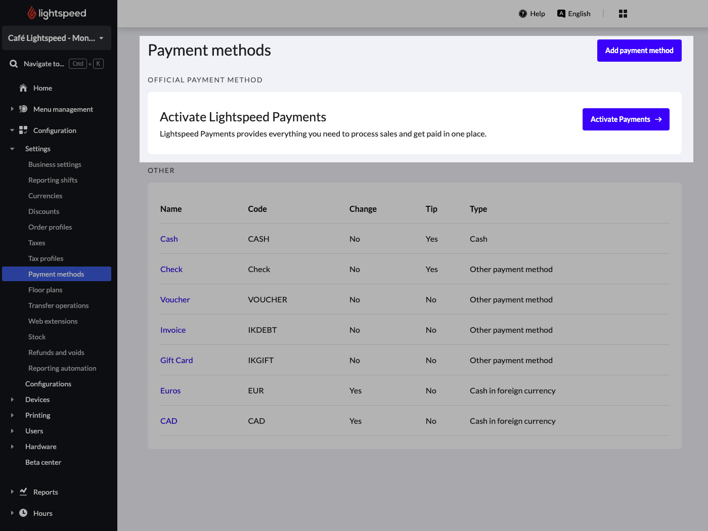 L’image présente la page Modes de paiement dans Lightspeed Restaurant. Le mode de paiement Lightspeed Payments est mis en évidence.