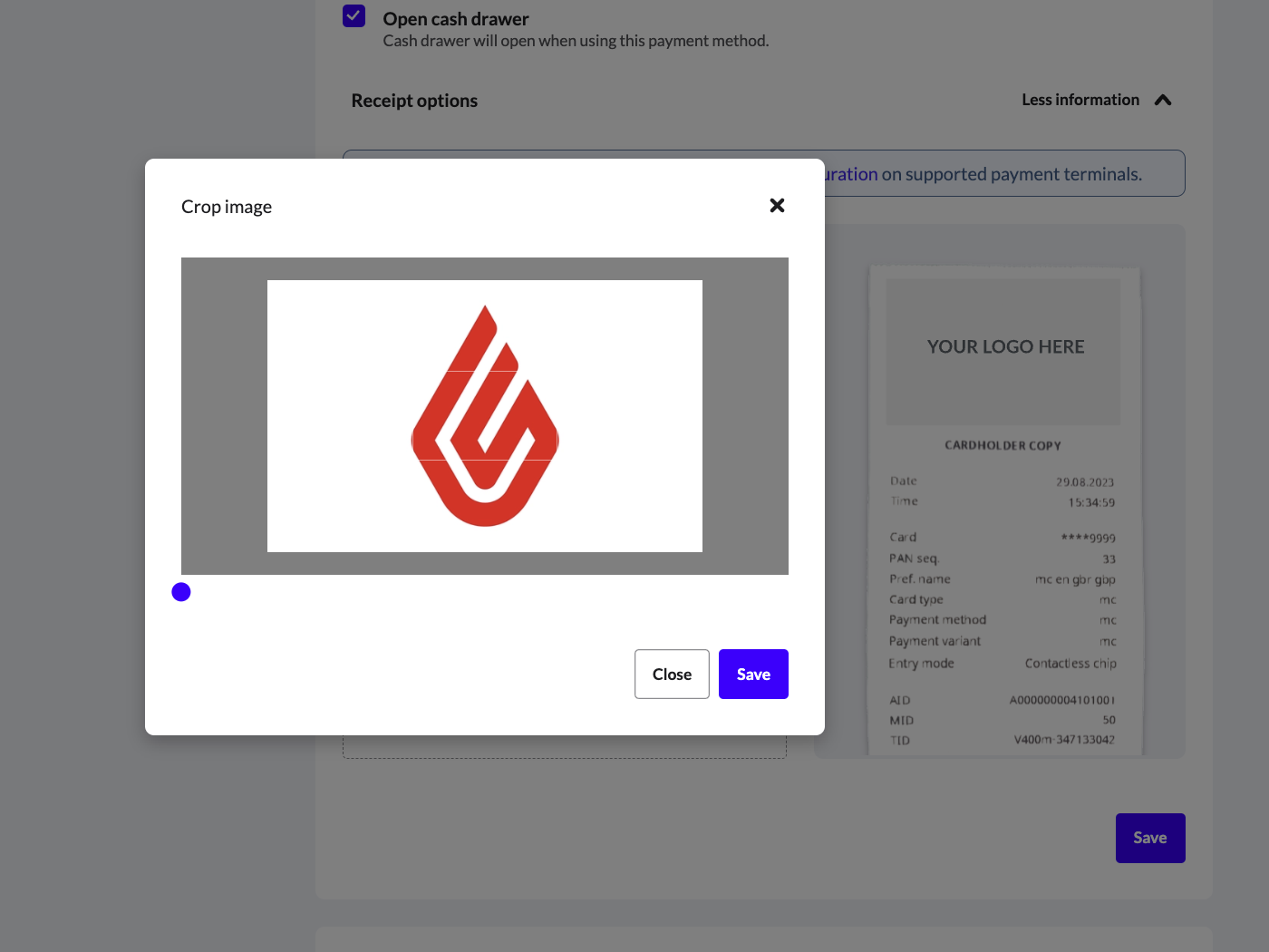 L’image présente le module de téléchargement et d’édition de votre logo.
