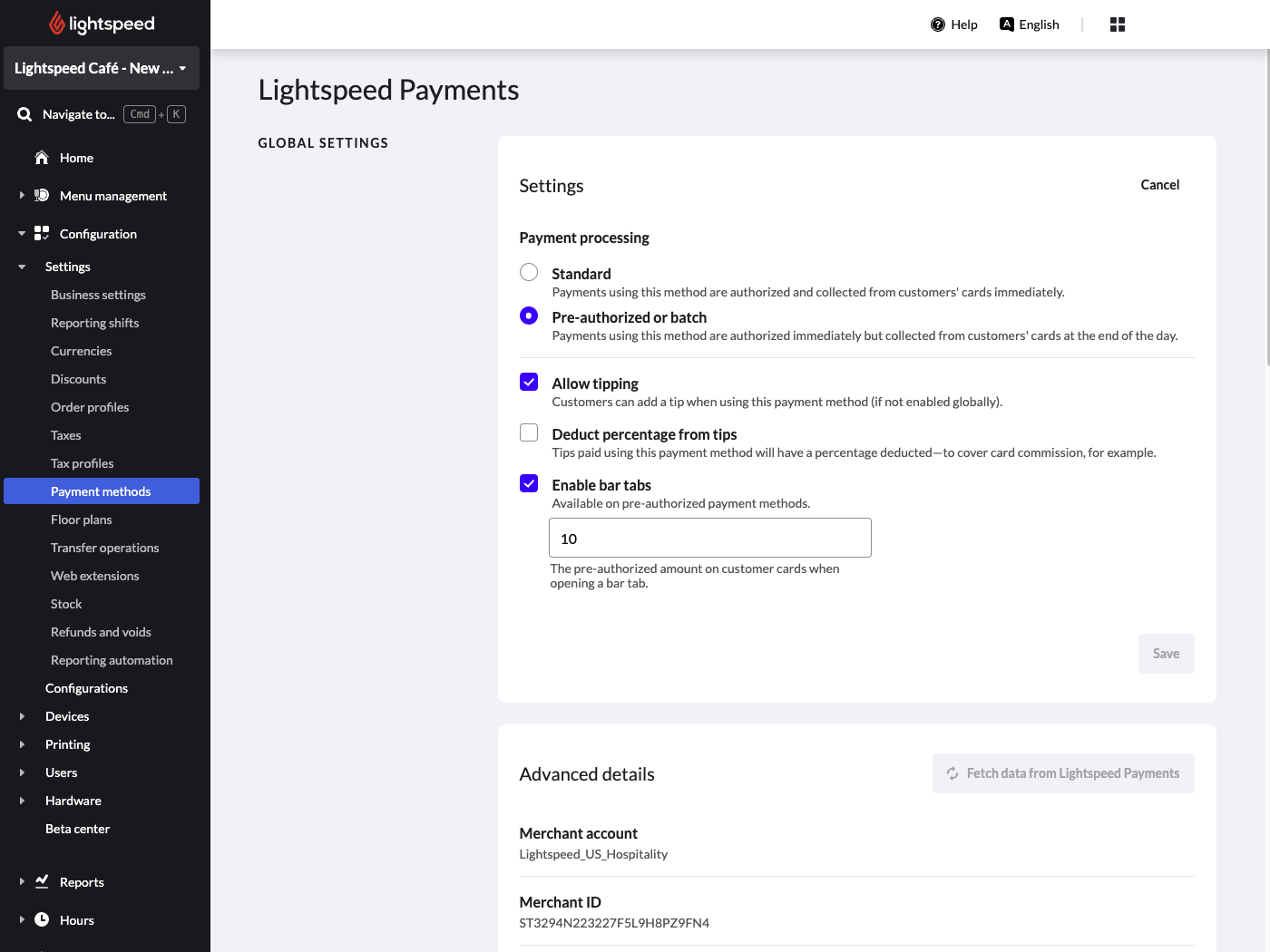L’image présente la page des paramètres Paiements Lightspeed dans l’arrière-boutique de Lightspeed restaurateurs. Les paramètres globaux de Paiements Lightspeed sont visibles.