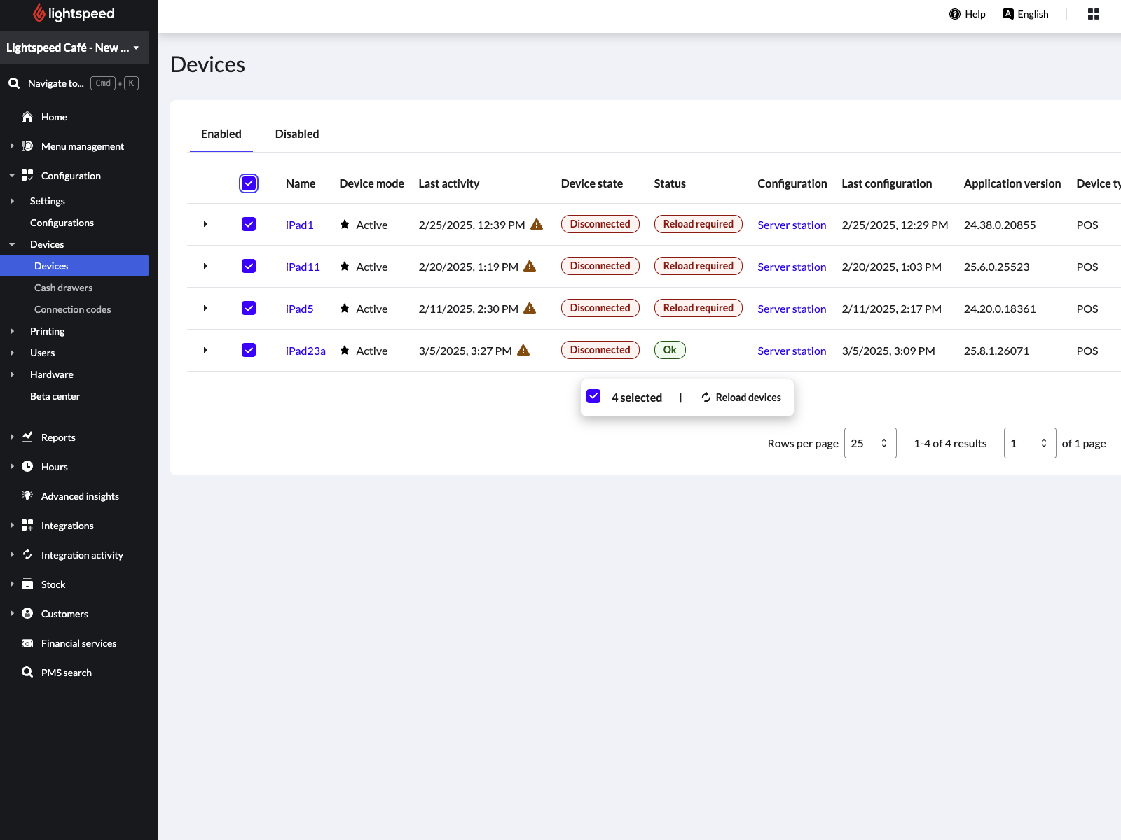 Image montrant la page Caisses et écrans du back-office Lightspeed. Le bouton Reconfigurer les appareils est visible.