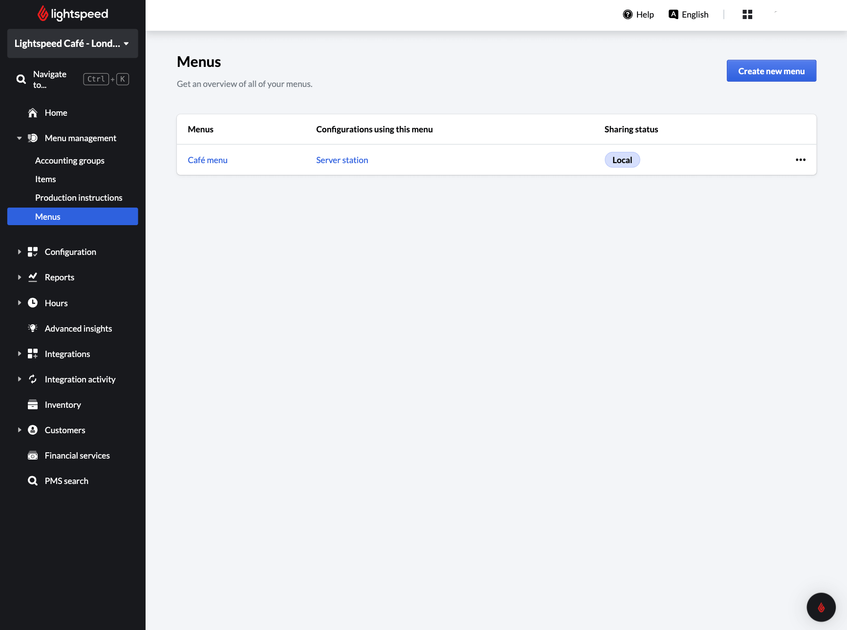 Liste des menus dans le back-office