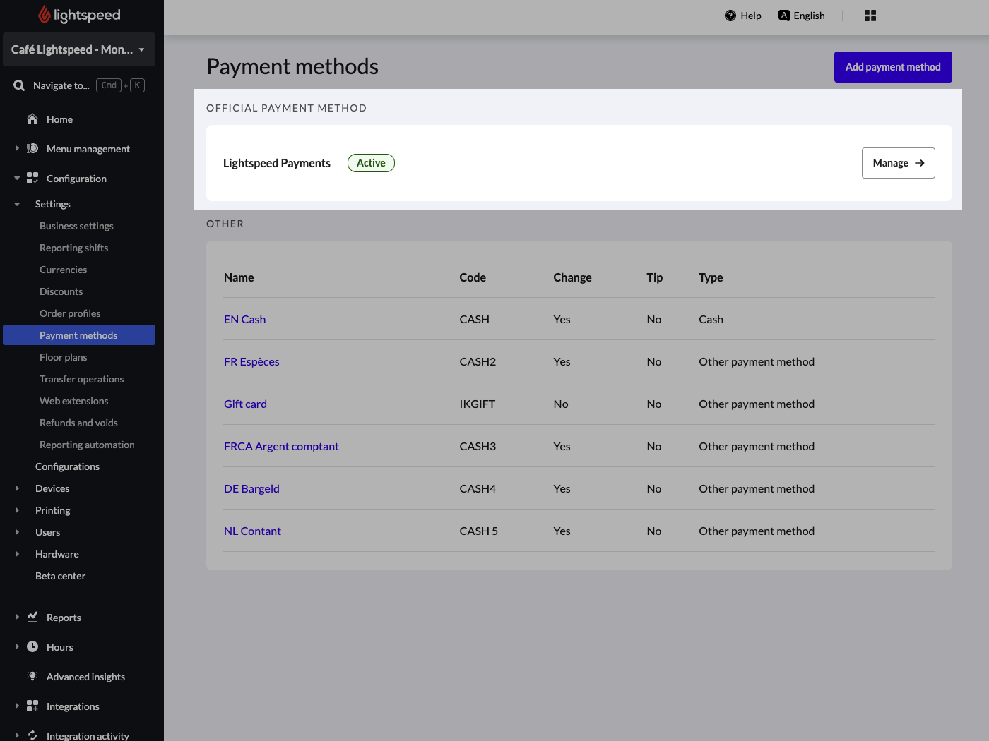 L’image présente la page Modes de paiement dans Lightspeed Restaurant. Le mode de paiement Lightspeed Payments est mis en évidence.