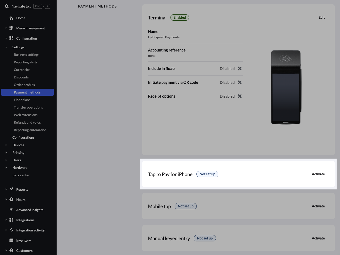 L’image présente la page de configuration du mode de paiement Lightspeed Payments dans le back-office de Lightspeed Restaurant. Le paramètre Tap to Pay sur iPhone est mis en évidence.