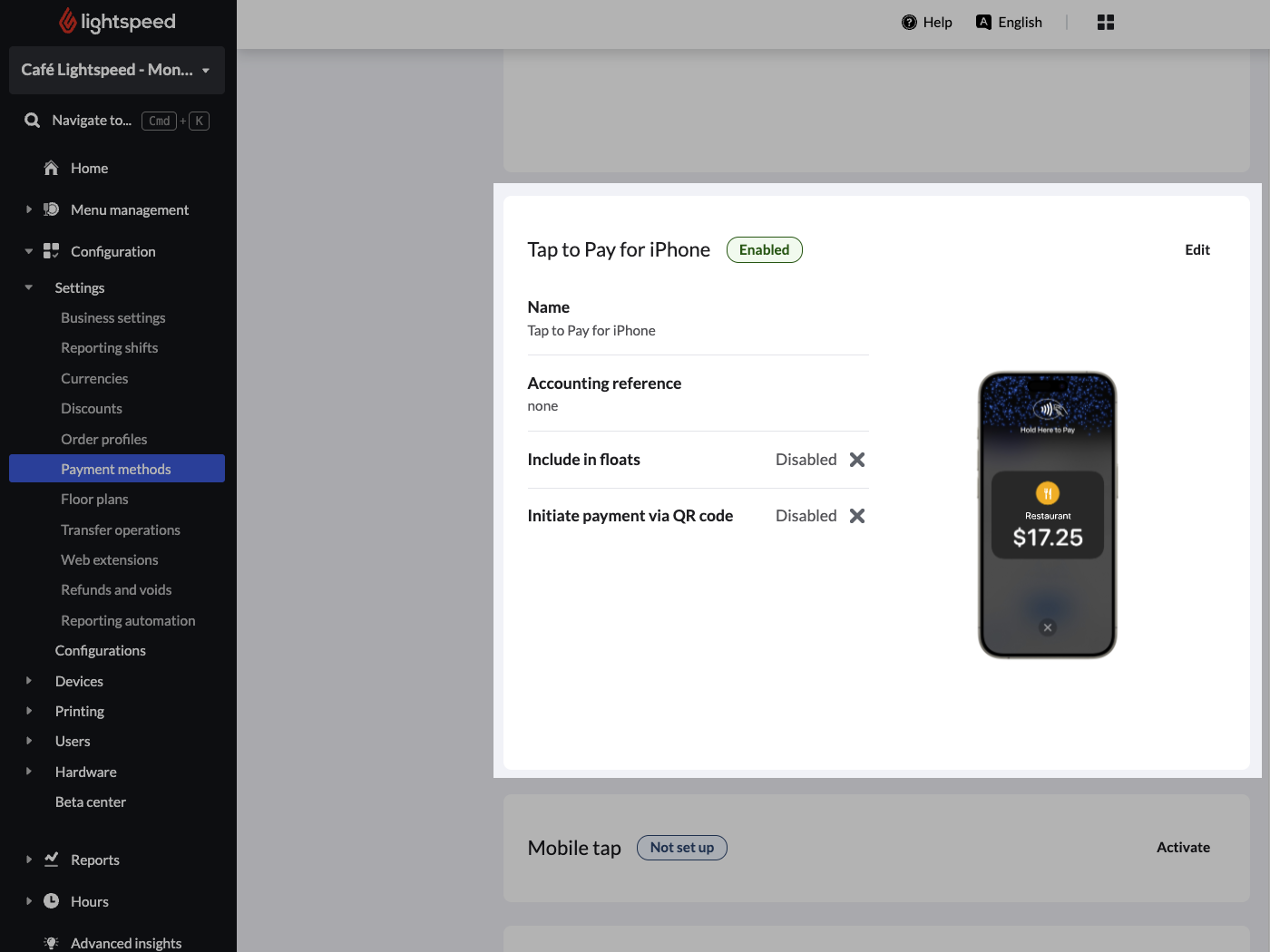 L’image présente la page des paramètres du mode de paiement Tap to Pay sur iPhone dans Lightspeed Restaurant.