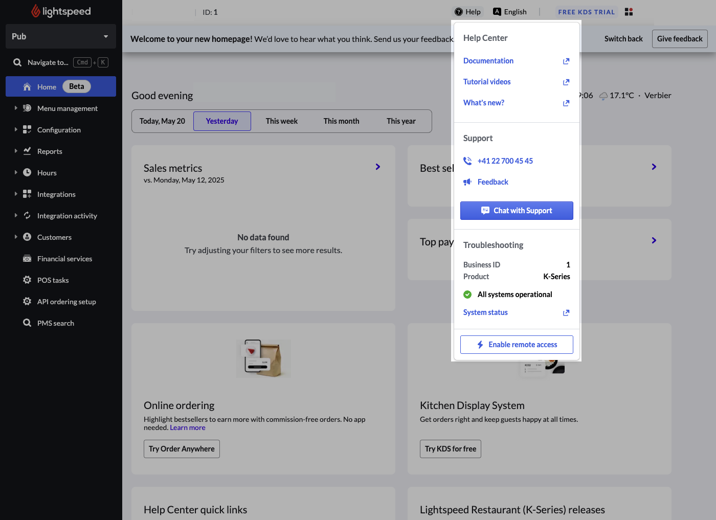 Het menu Help van Lightspeed Restaurant-backoffice.