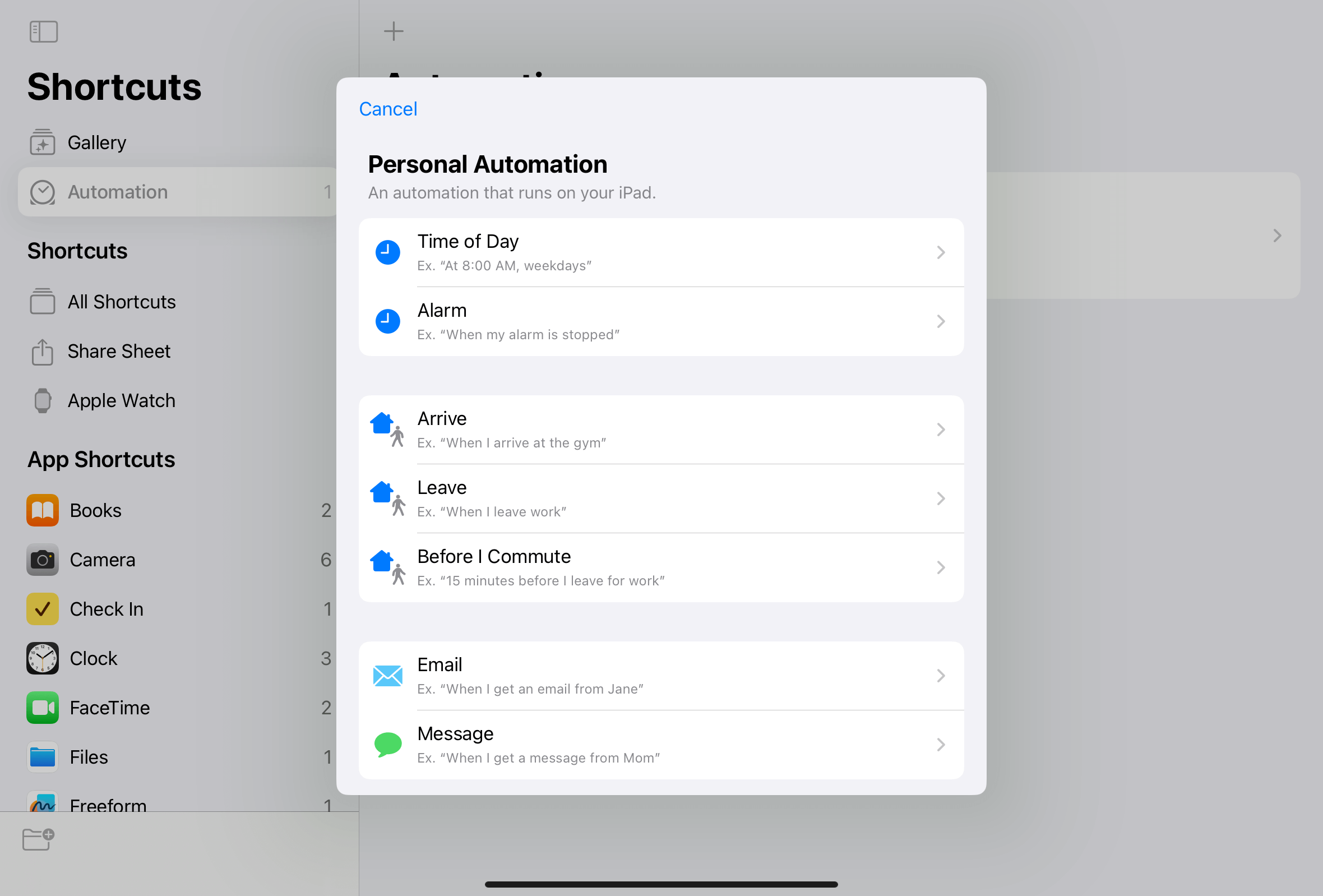Écran permettant de créer une automatisation personnelle sur l’iPad.