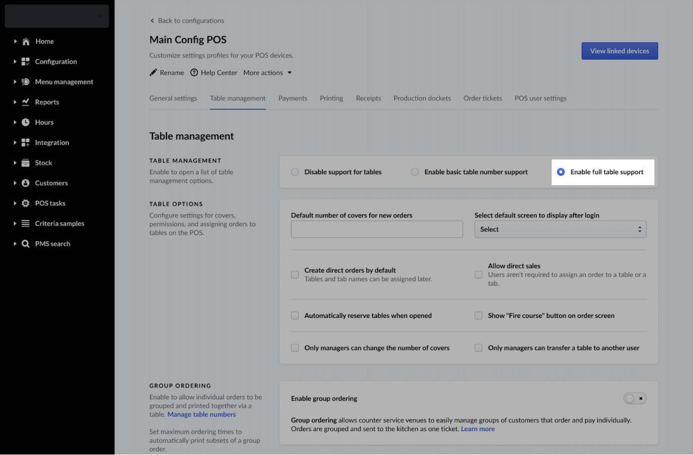 Capture d’écran des paramètres de gestion des tables, avec l’option Activer le service à table en surbrillance.