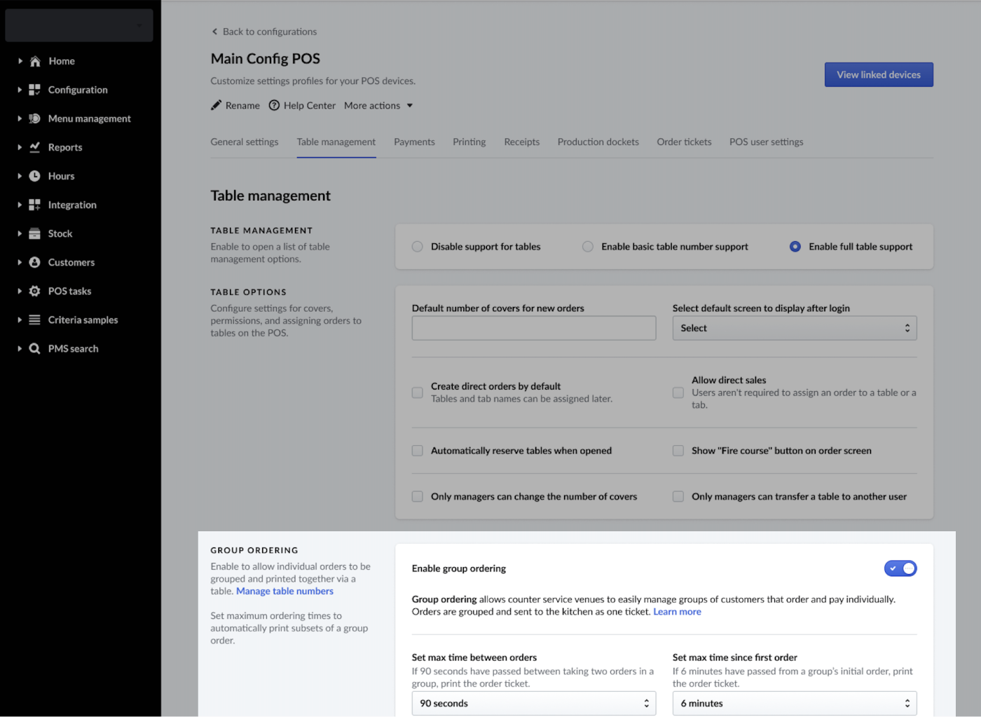 Capture d’écran des paramètres de gestion des tables avec l’option Activer les commandes groupées en surbrillance.