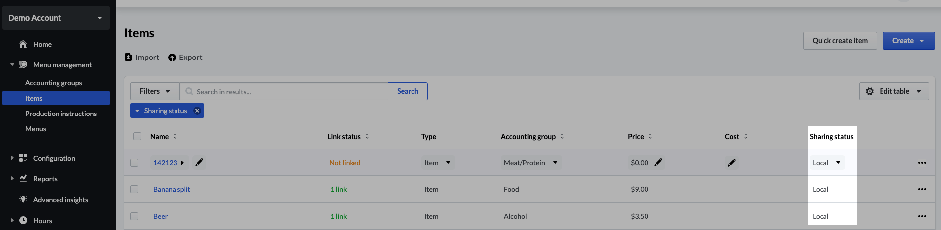 Type de partage dans le tableau des articles