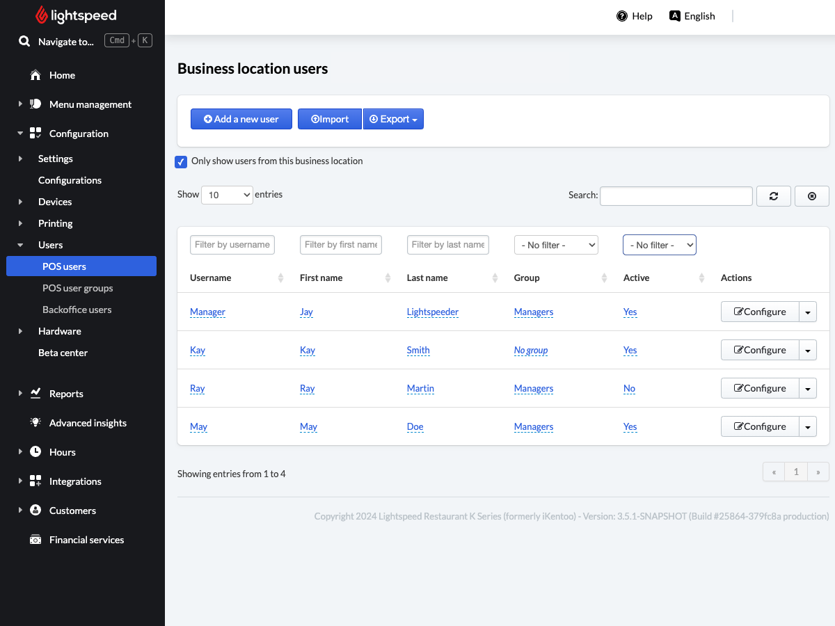 L’image montre la page de modification des utilisateurs caisses dans le back-office Lightspeed.