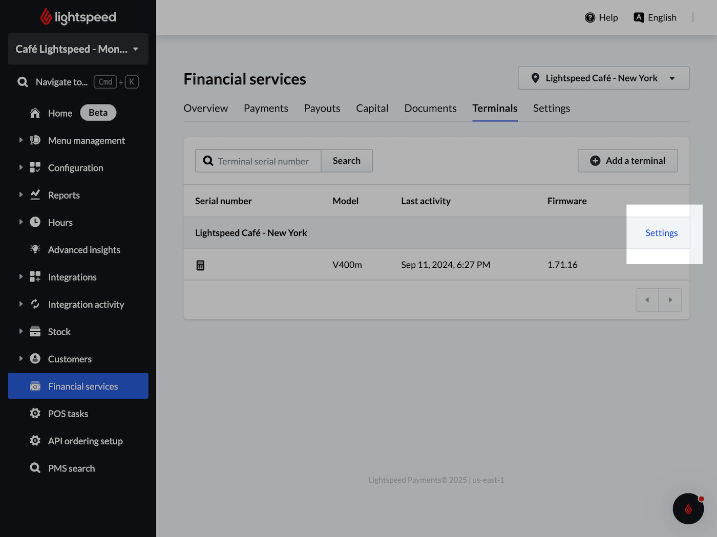 La section Terminaux de la page Gestion financière, le lien Paramètres est mis en évidence.
