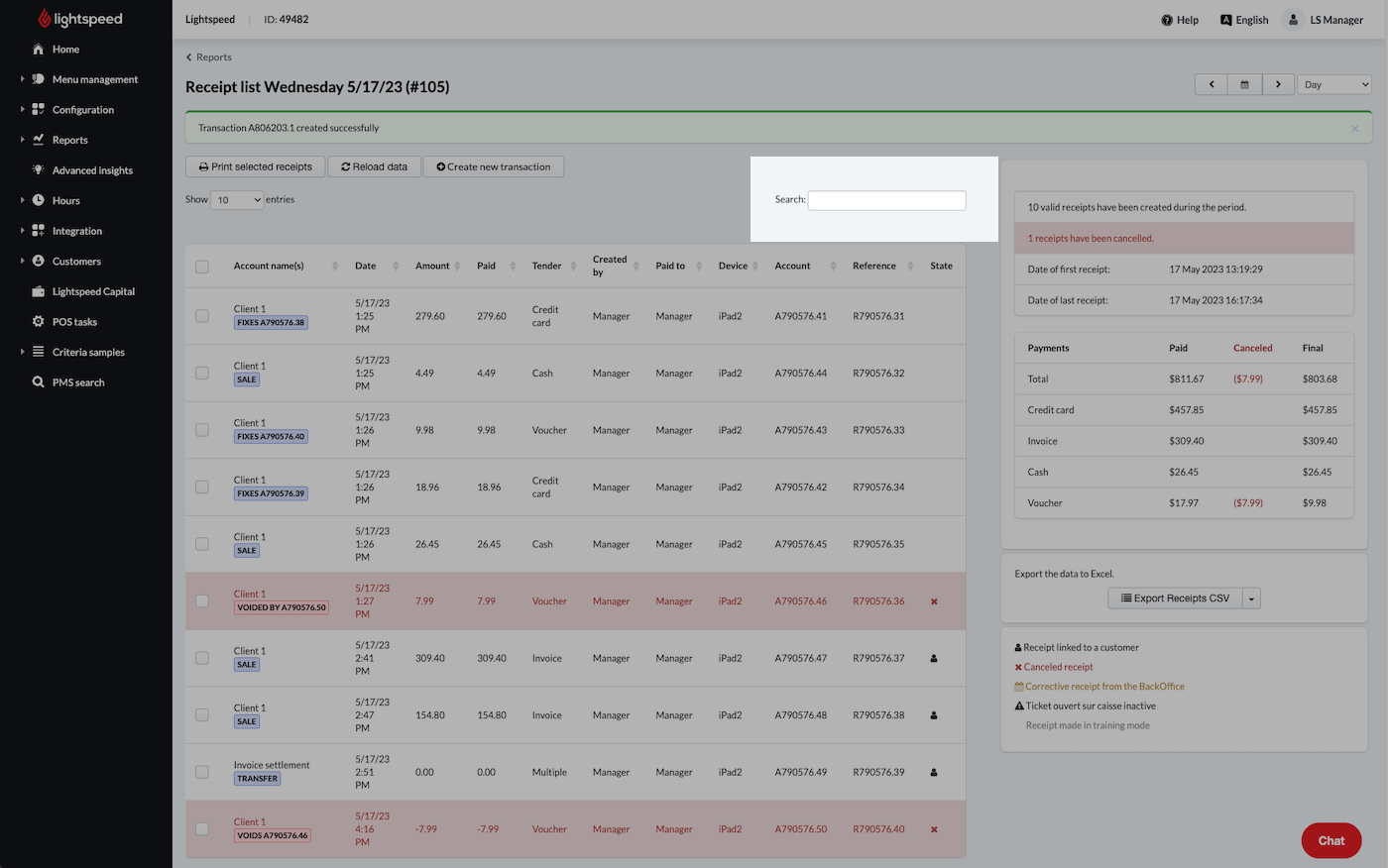 The search option will allow you to search by account name, amount, sold by, paid to, device, account, or reference.