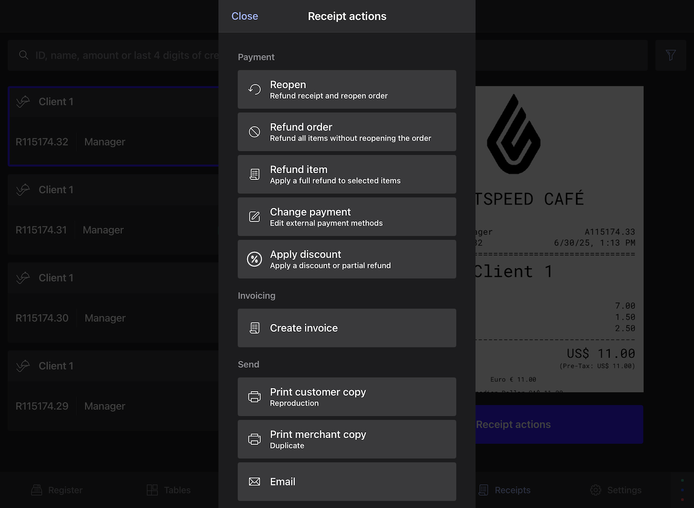 The Receipt actions menu in Restarant POS.