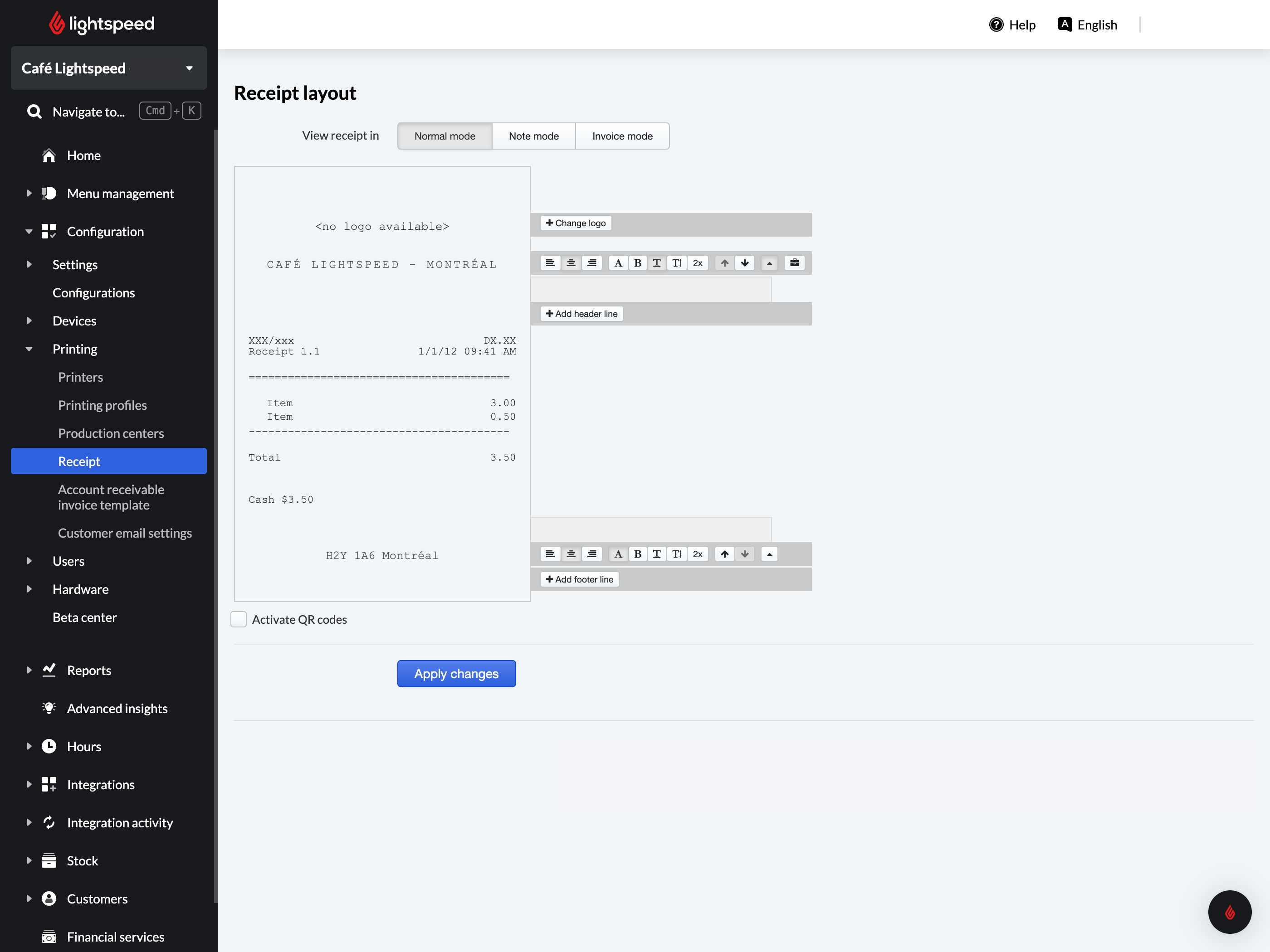 Receipts page in Back Office