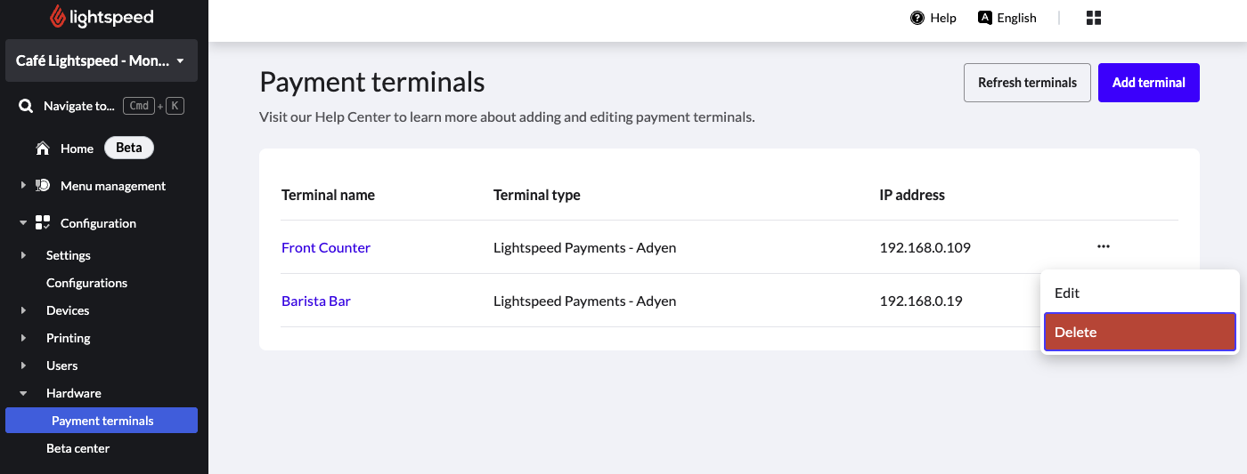 Die Terminalseite im Lightspeed Backoffice. Das Optionsmenü wurde geöffnet und eine Schaltfläche mit der Bezeichnung „Löschen“ wird angezeigt.