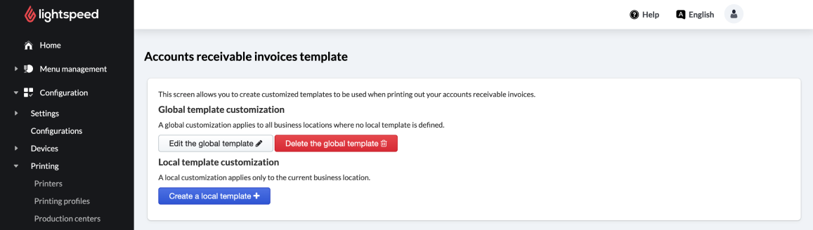 Page Modèle de facture débiteurs du back-office.